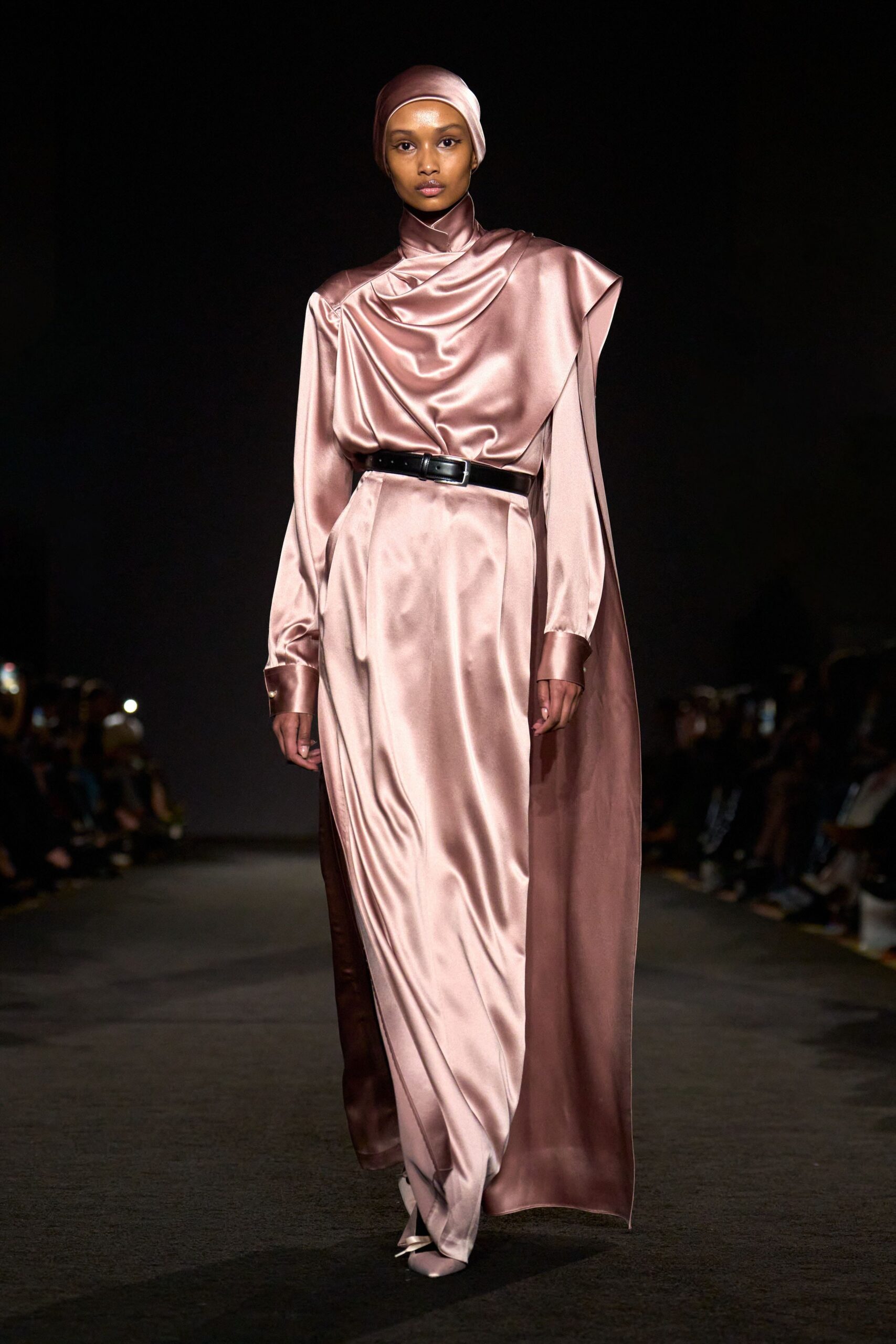 pink silk long-sleeve high-neck fitted draped belted gown