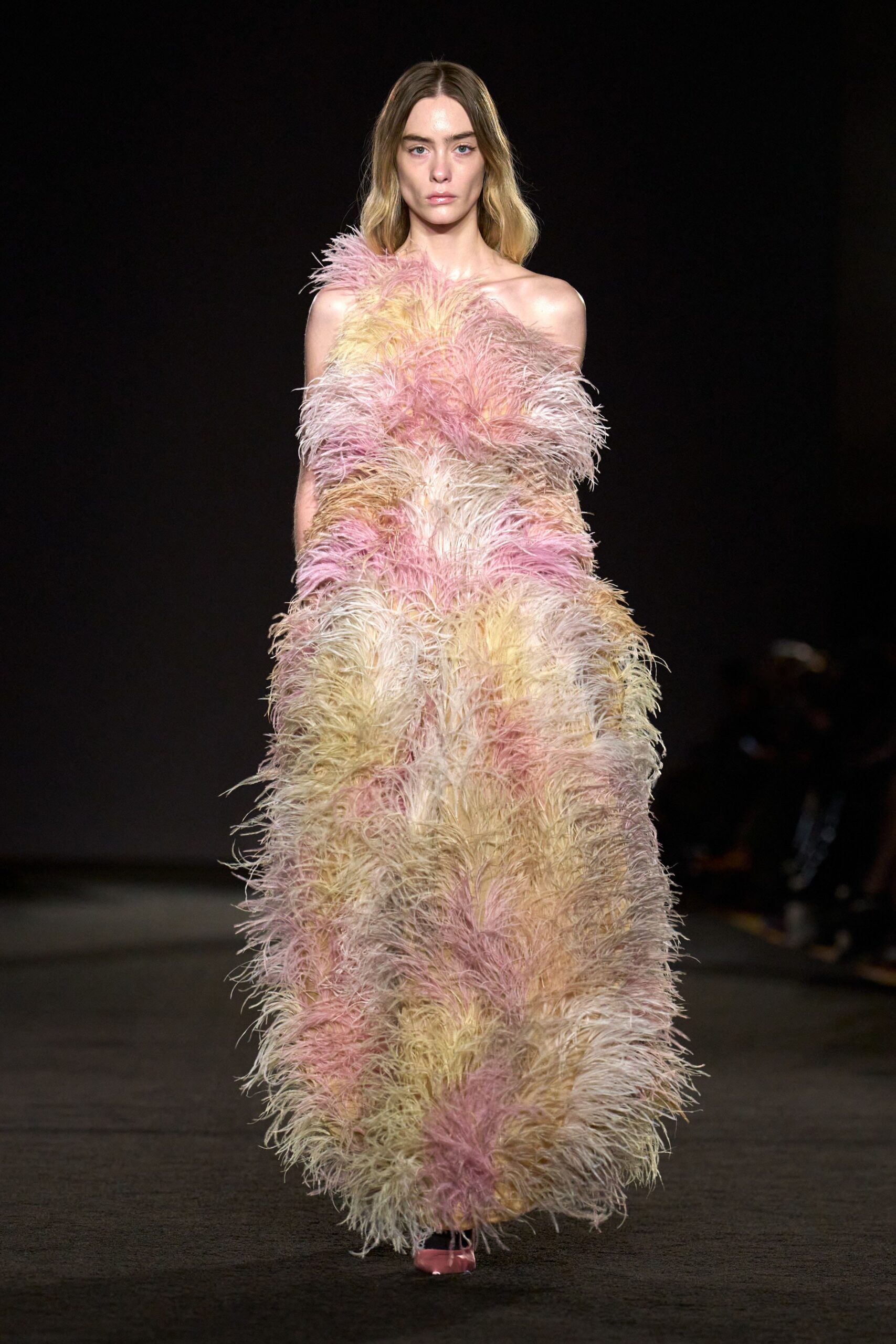 pink and yellow feather gown