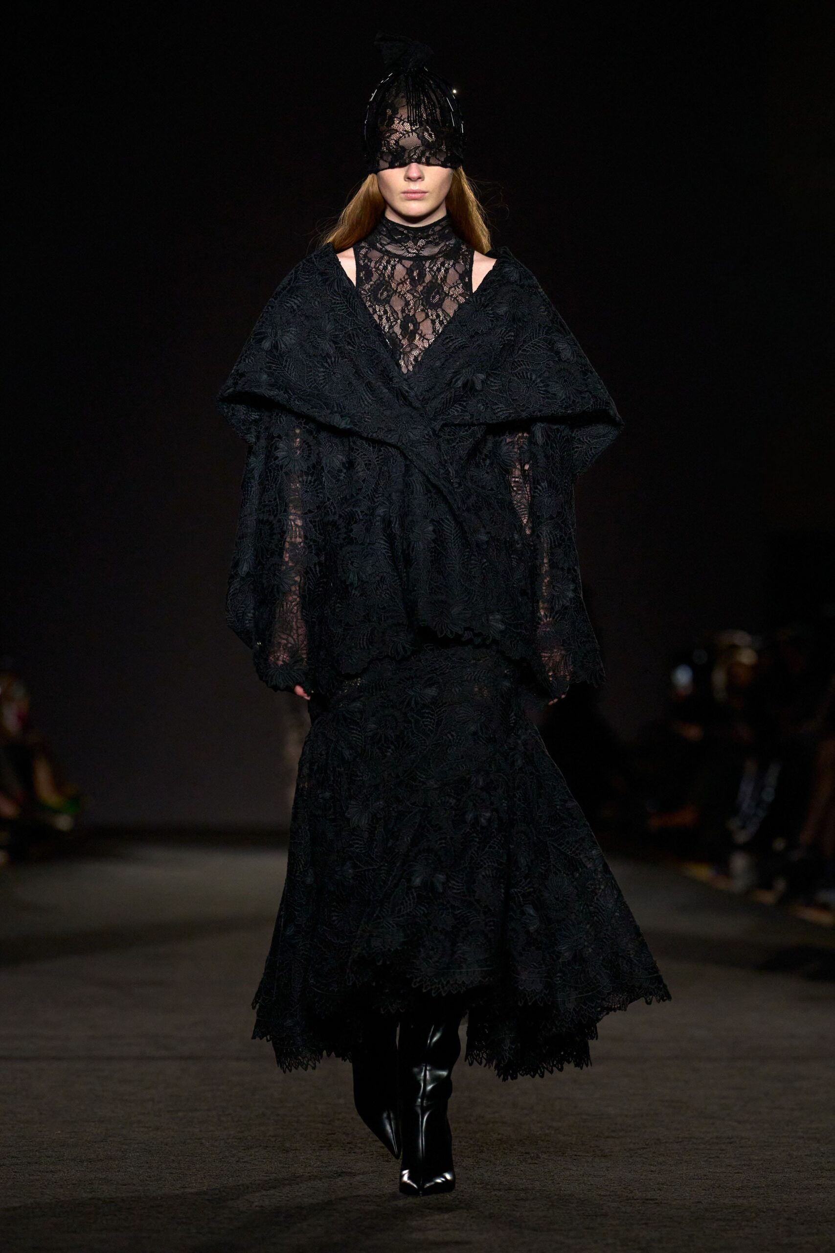 black lace long-sleeve v-neck relaxed layered flared dress