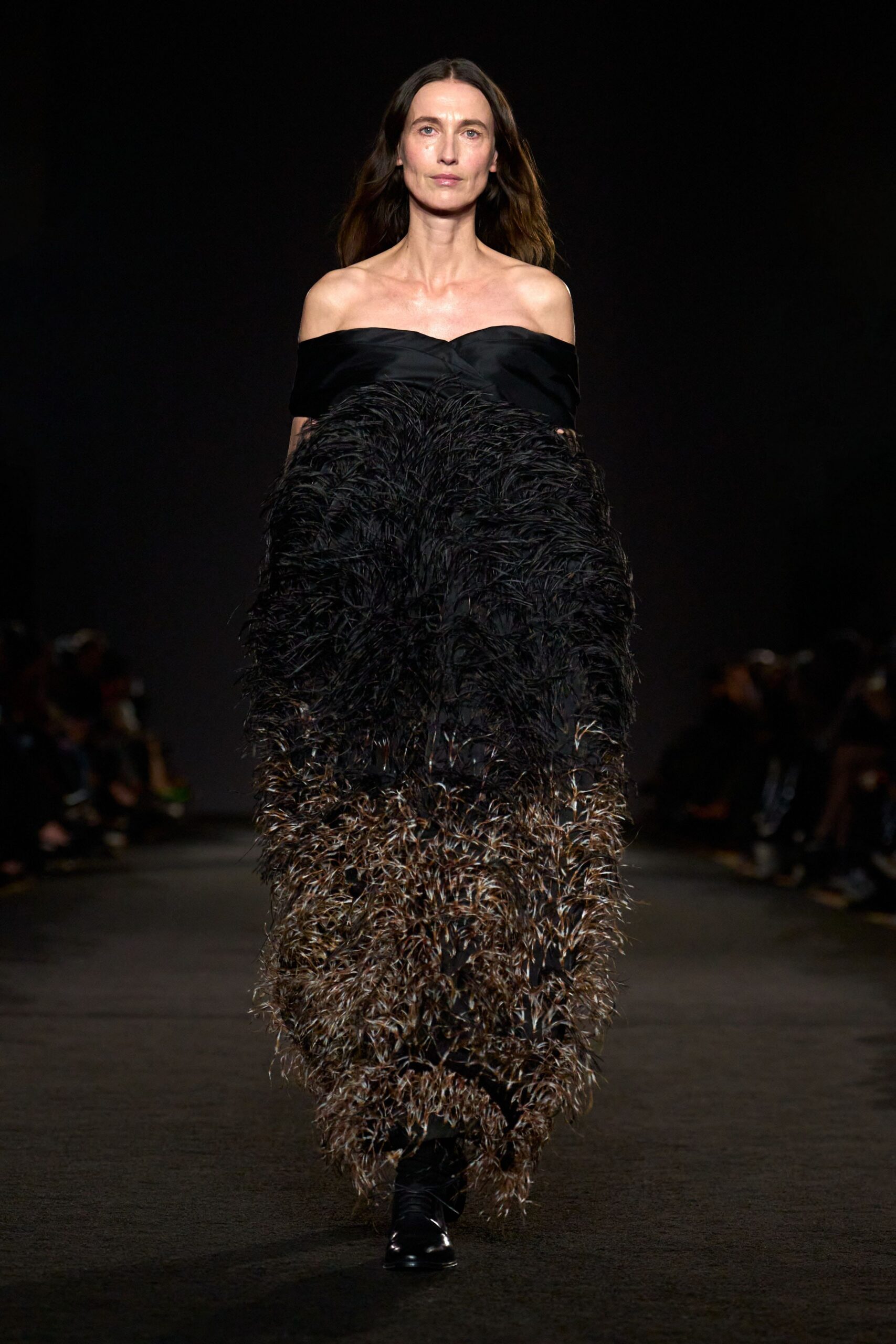 black silk strapless fitted ruffled maxi gown