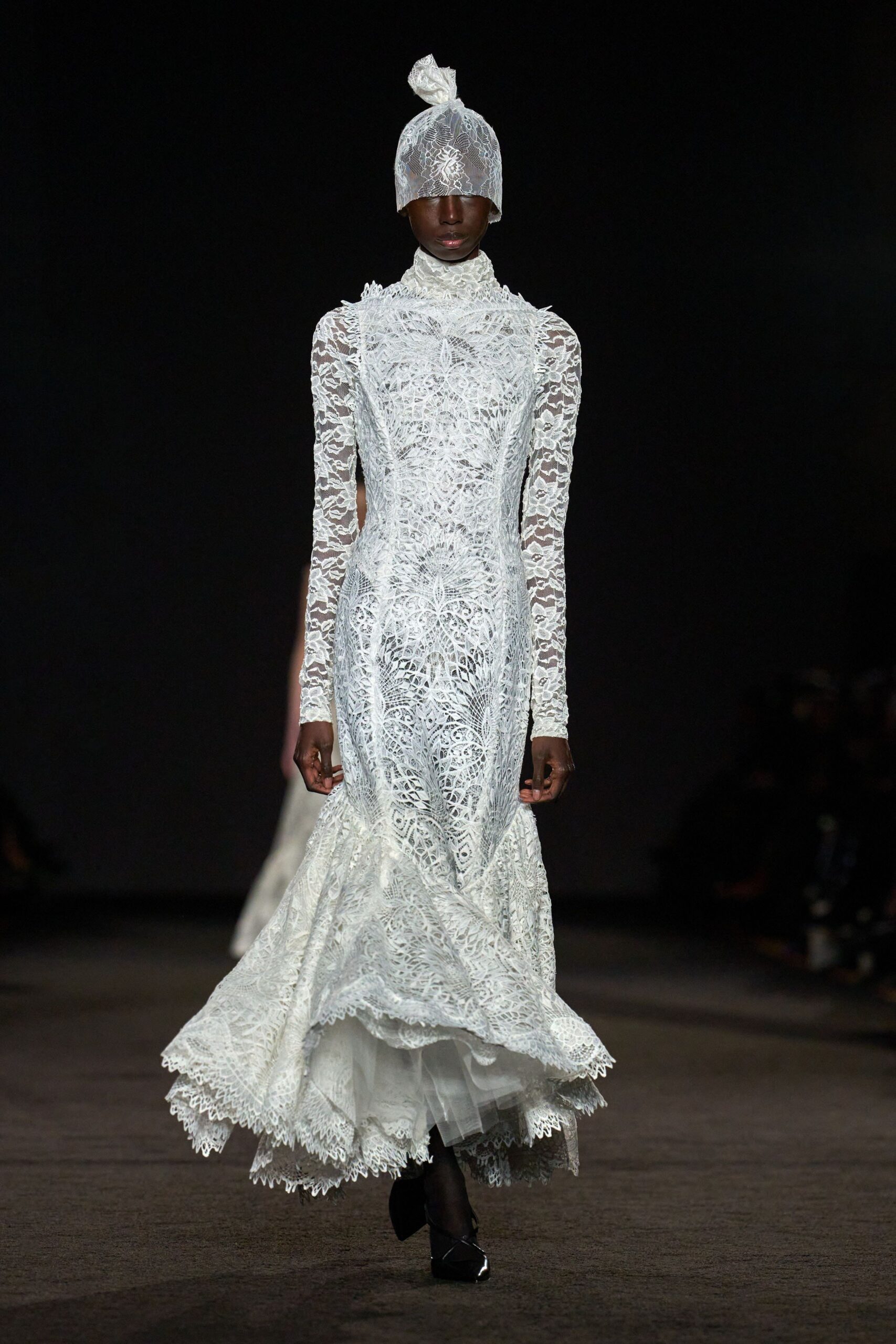 white lace long-sleeve high-neck fitted tiered embroidered gown