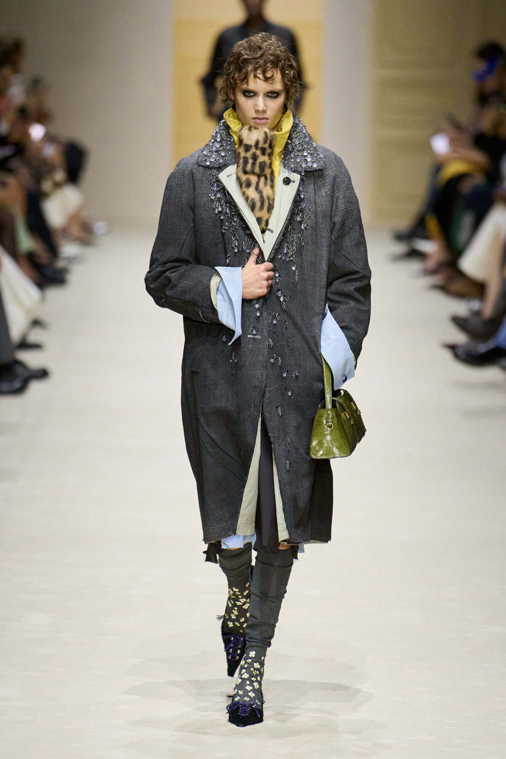 gray wool long-sleeve collared relaxed embroidered layered coat