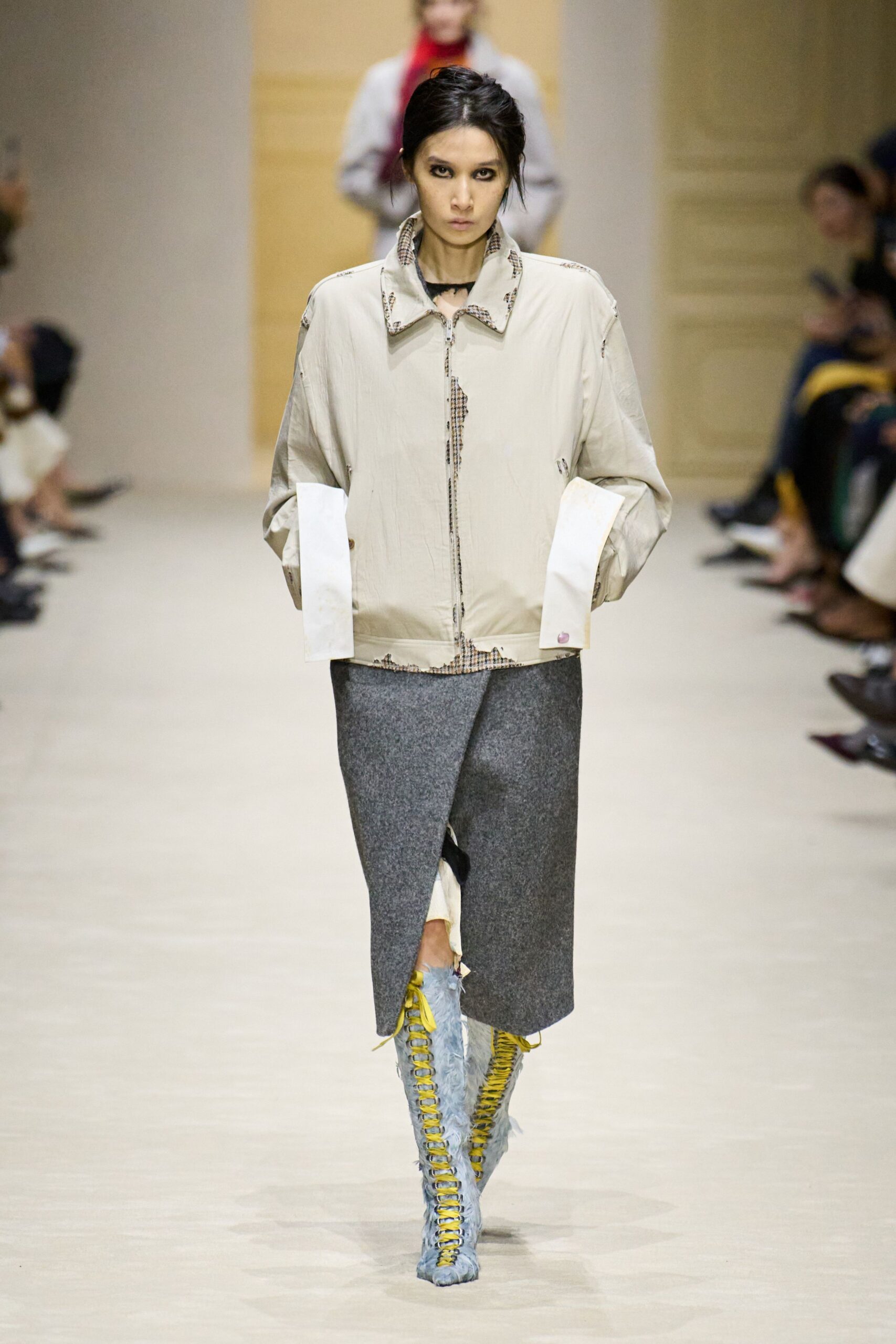gray wool asymmetric slit fitted skirt