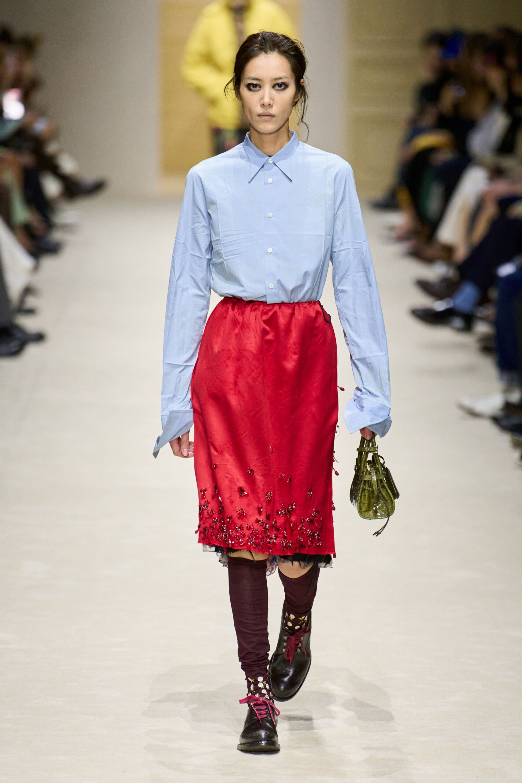 red silk fitted embroidered midi skirt