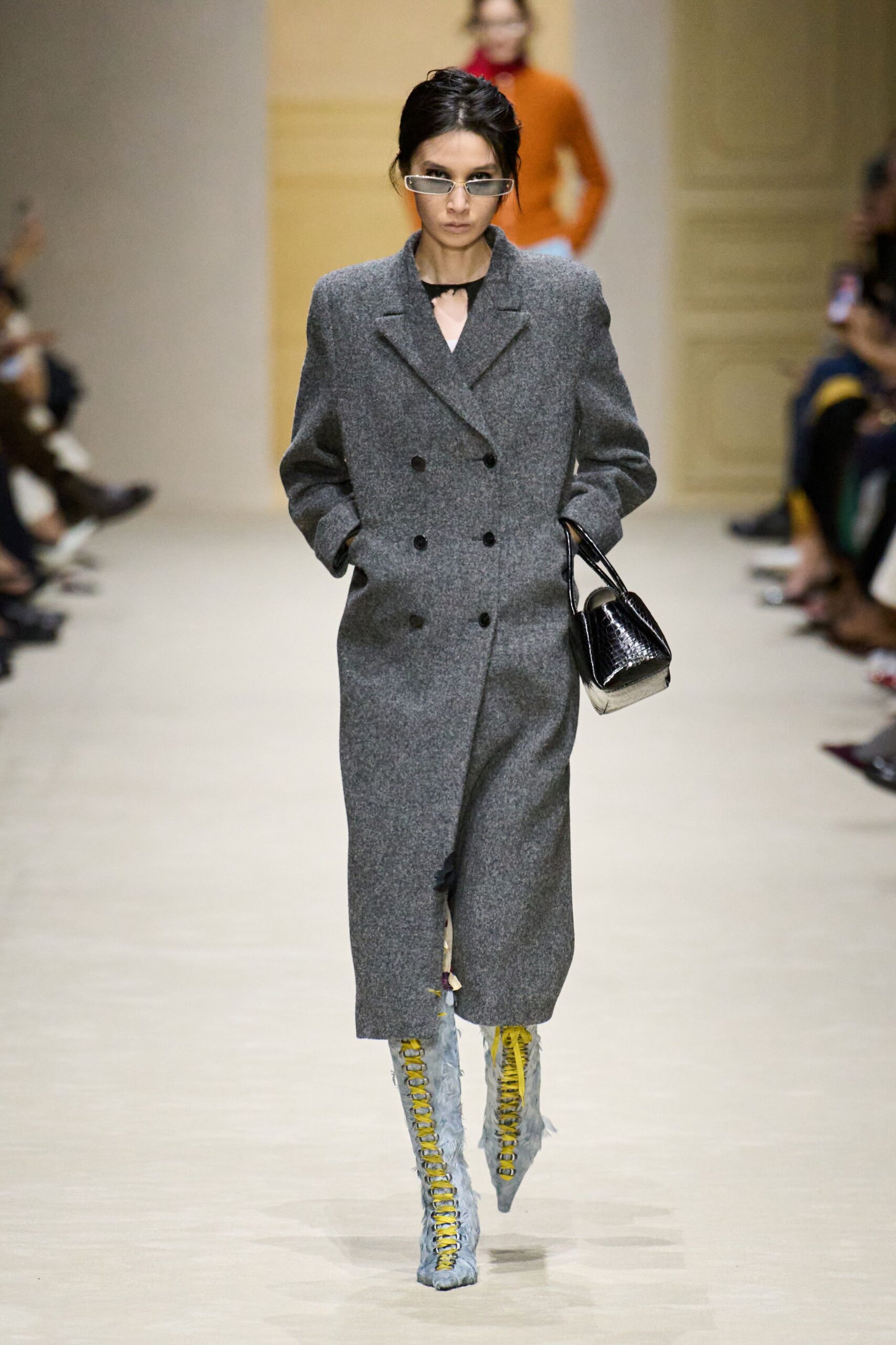 gray wool long-sleeve collared fitted buttoned midi coat
