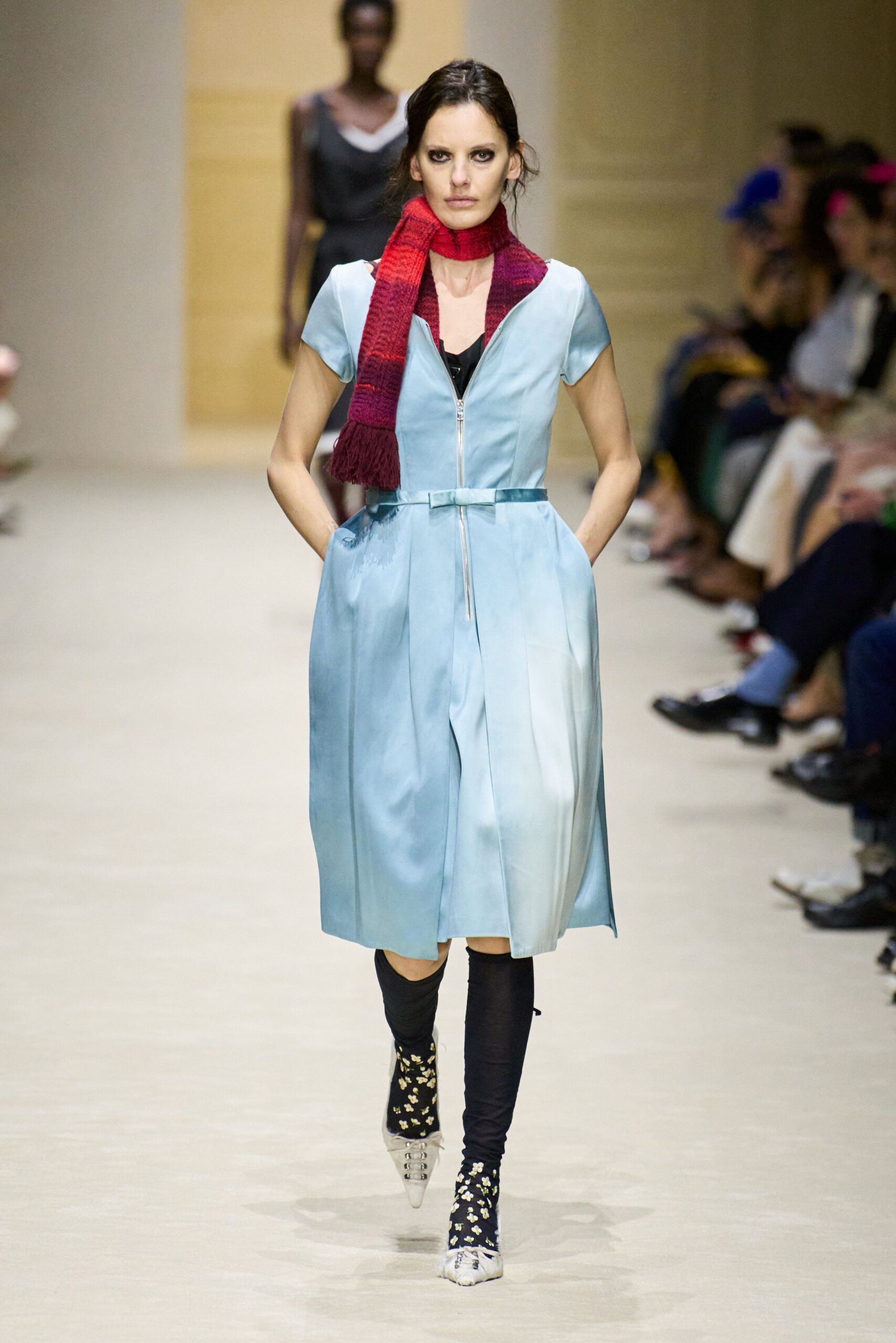blue silk midi dress with scarf