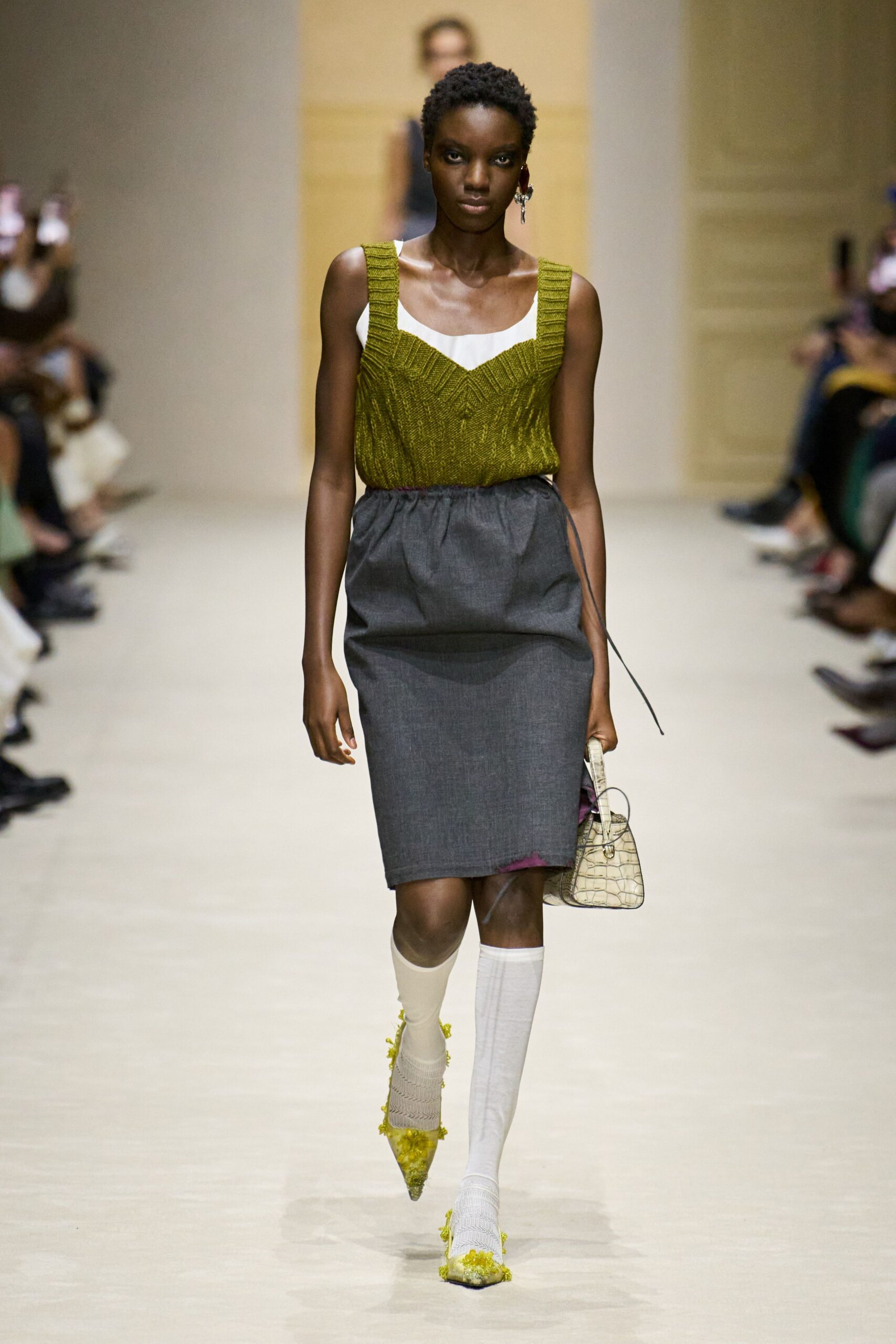 green fitted top gray pencil skirt