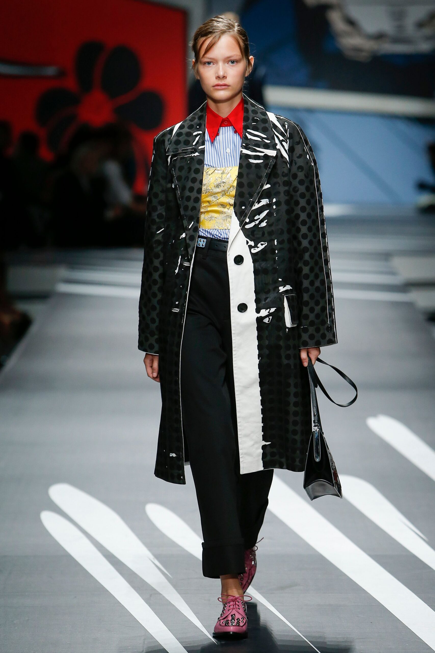 black vinyl long-sleeve collared relaxed polka-dot zippered coat