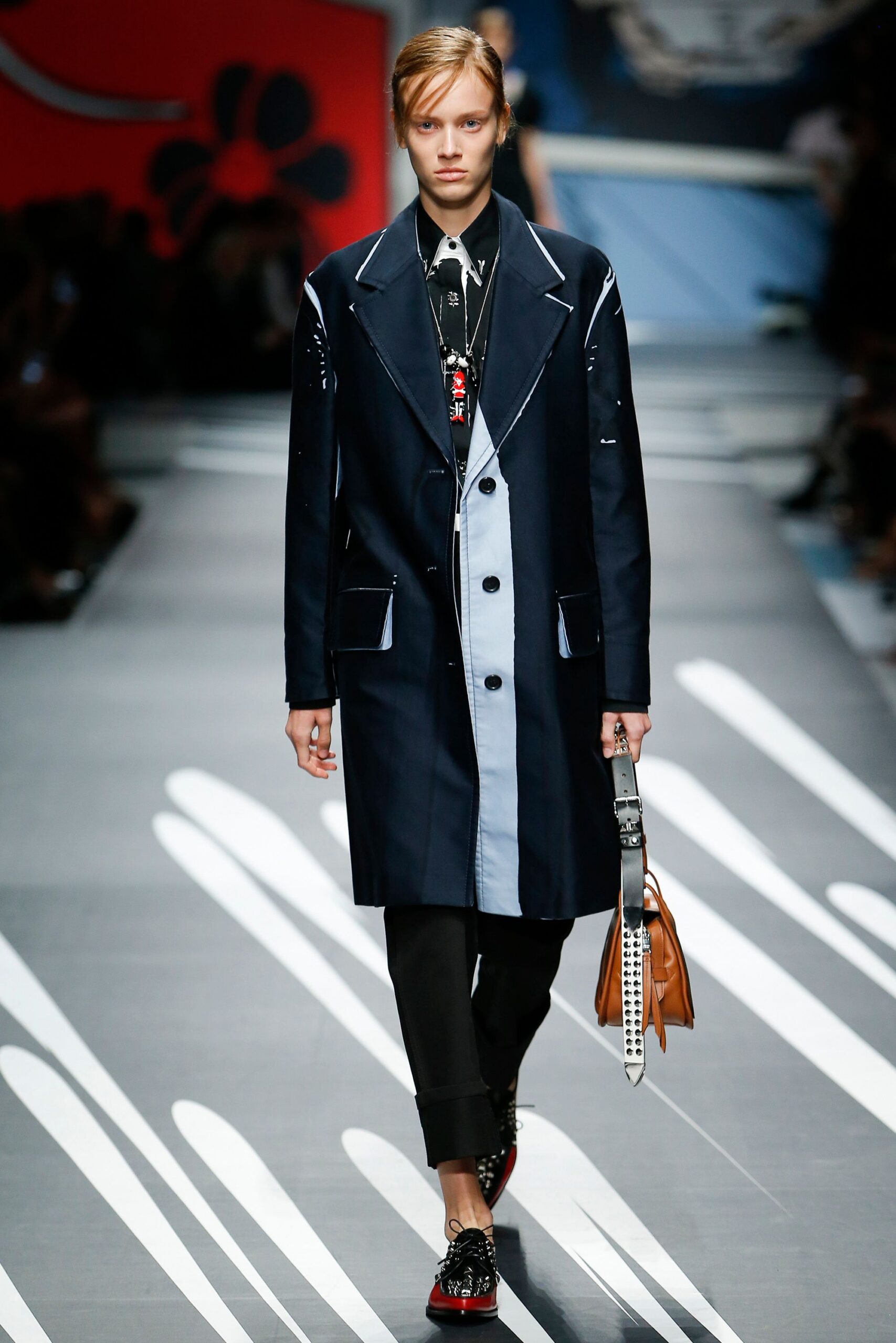 blue cotton long-sleeve collared structured buttoned color-blocked coat