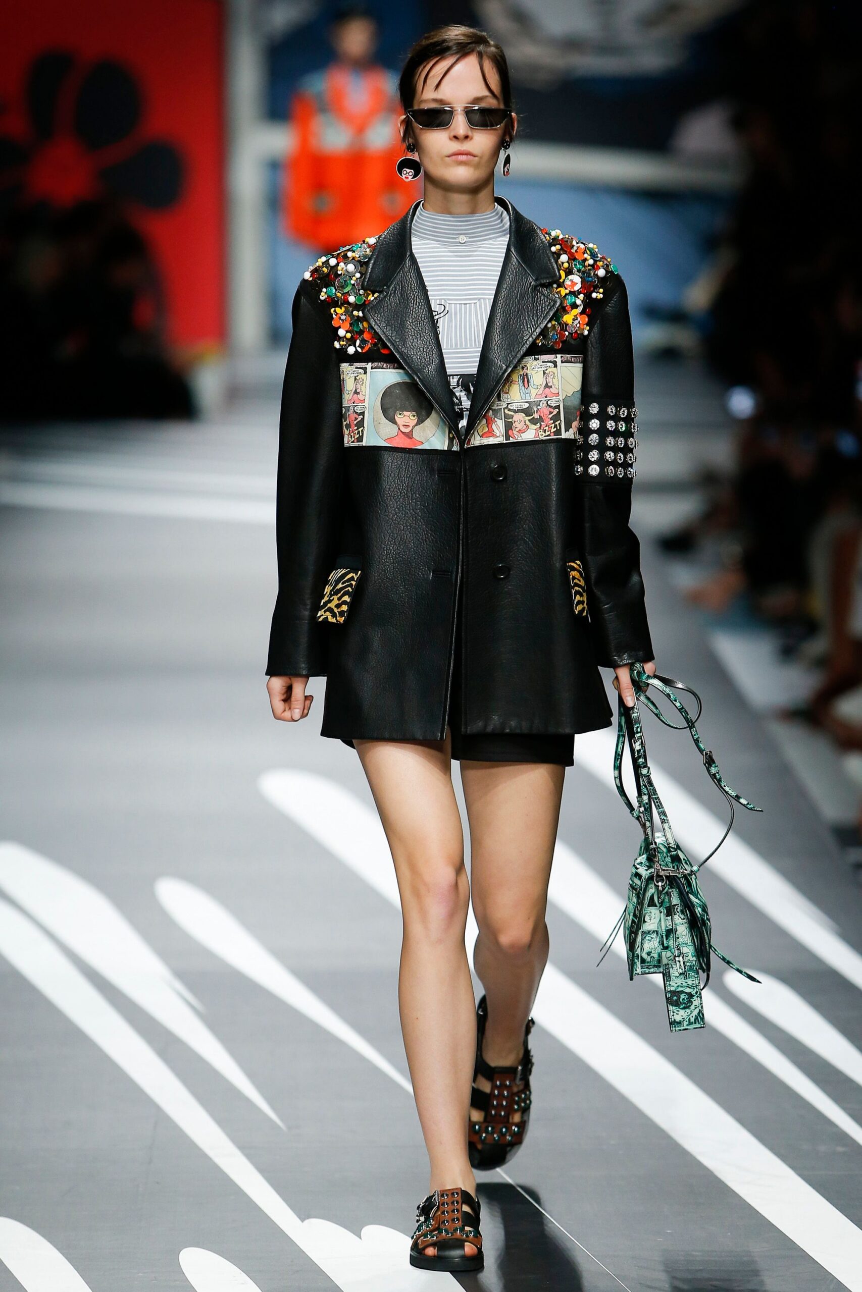 black leather long-sleeve collared fitted embroidered beaded jacket