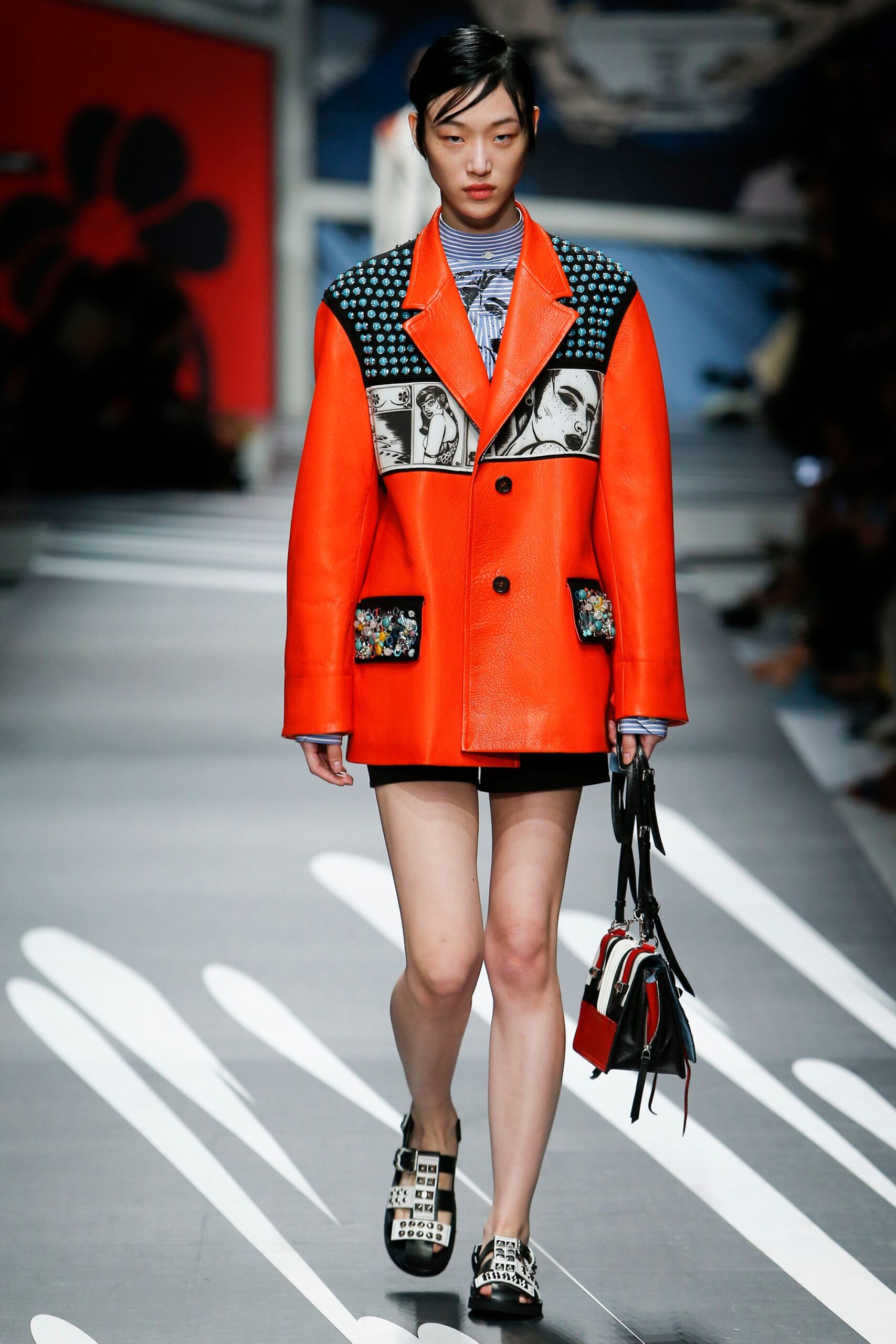 orange leather long-sleeve collared oversized buttoned embroidered jacket