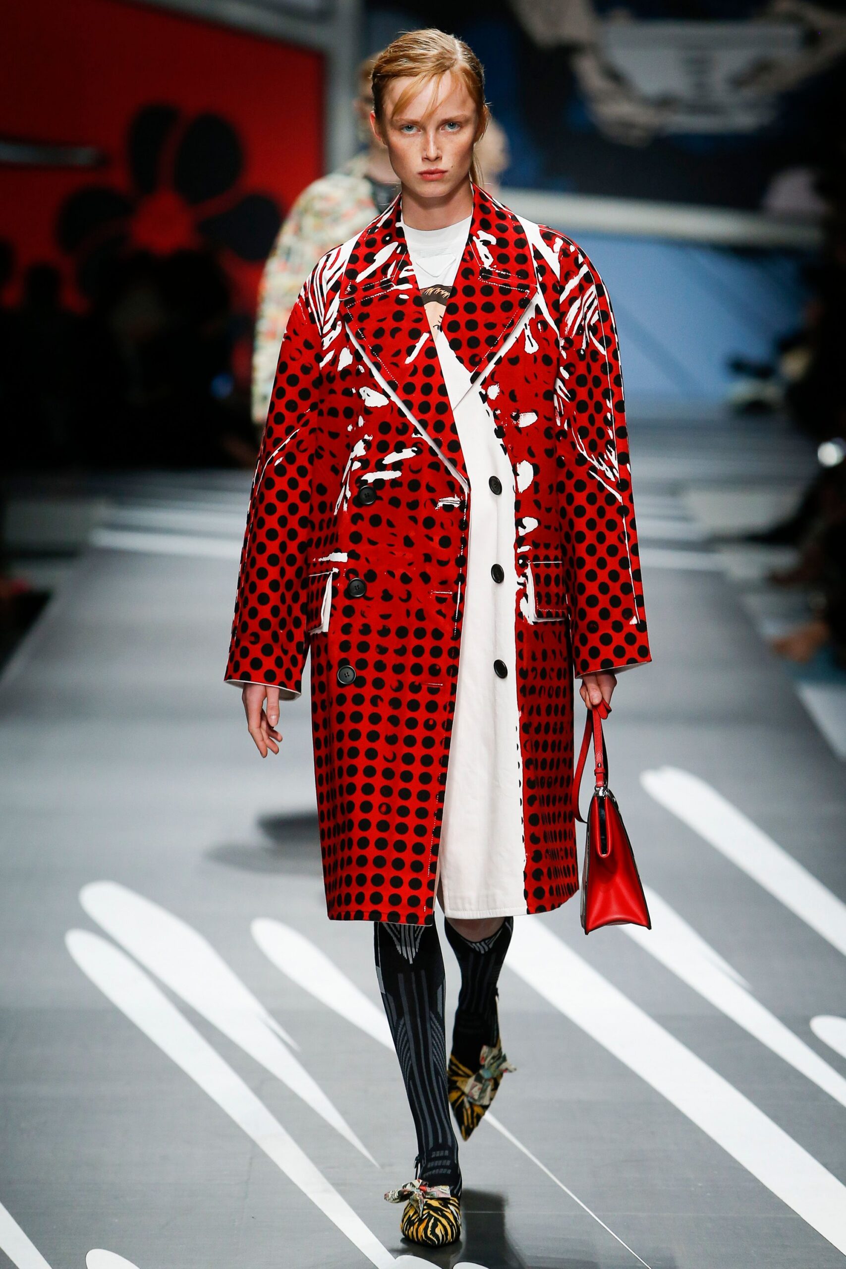 red cotton long-sleeve collared relaxed polka-dot printed coat