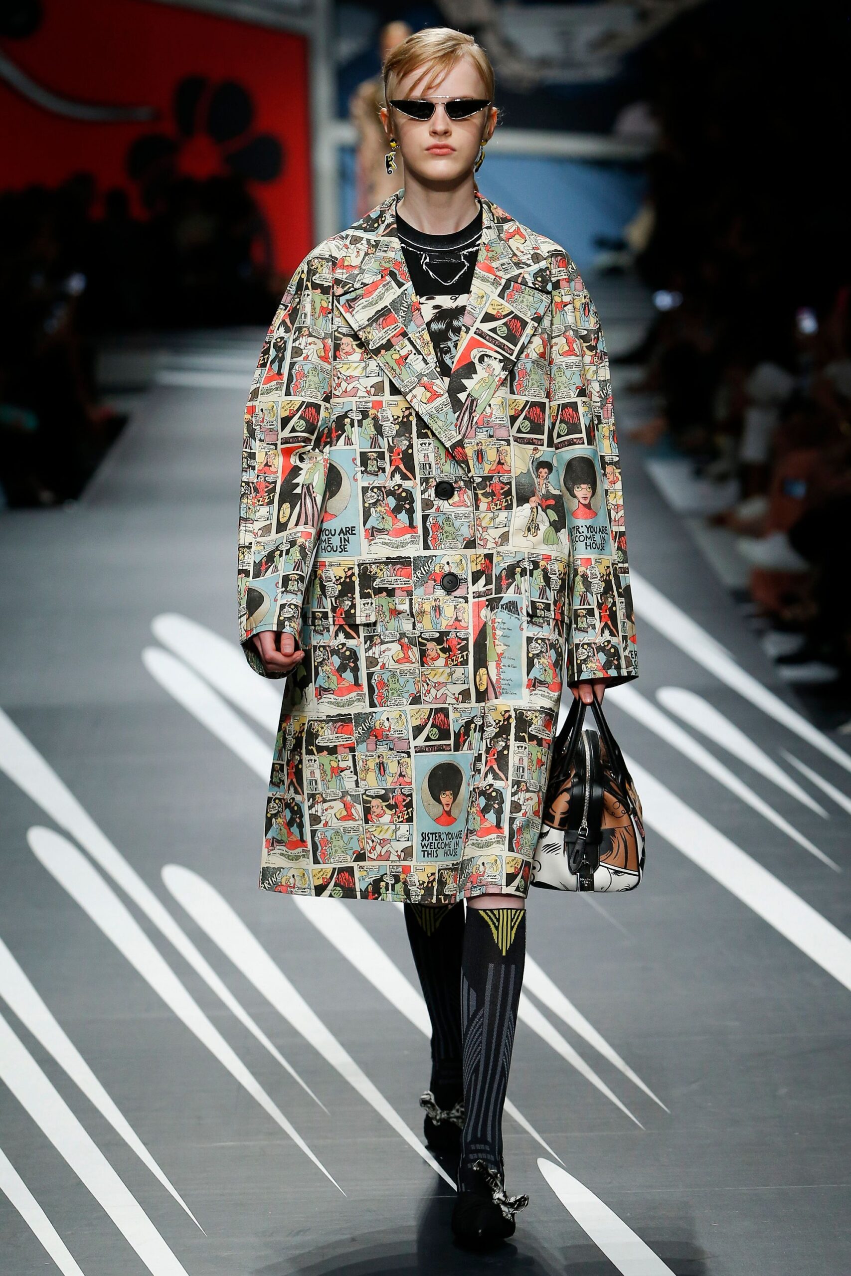 multi cotton long-sleeve collared relaxed printed coat