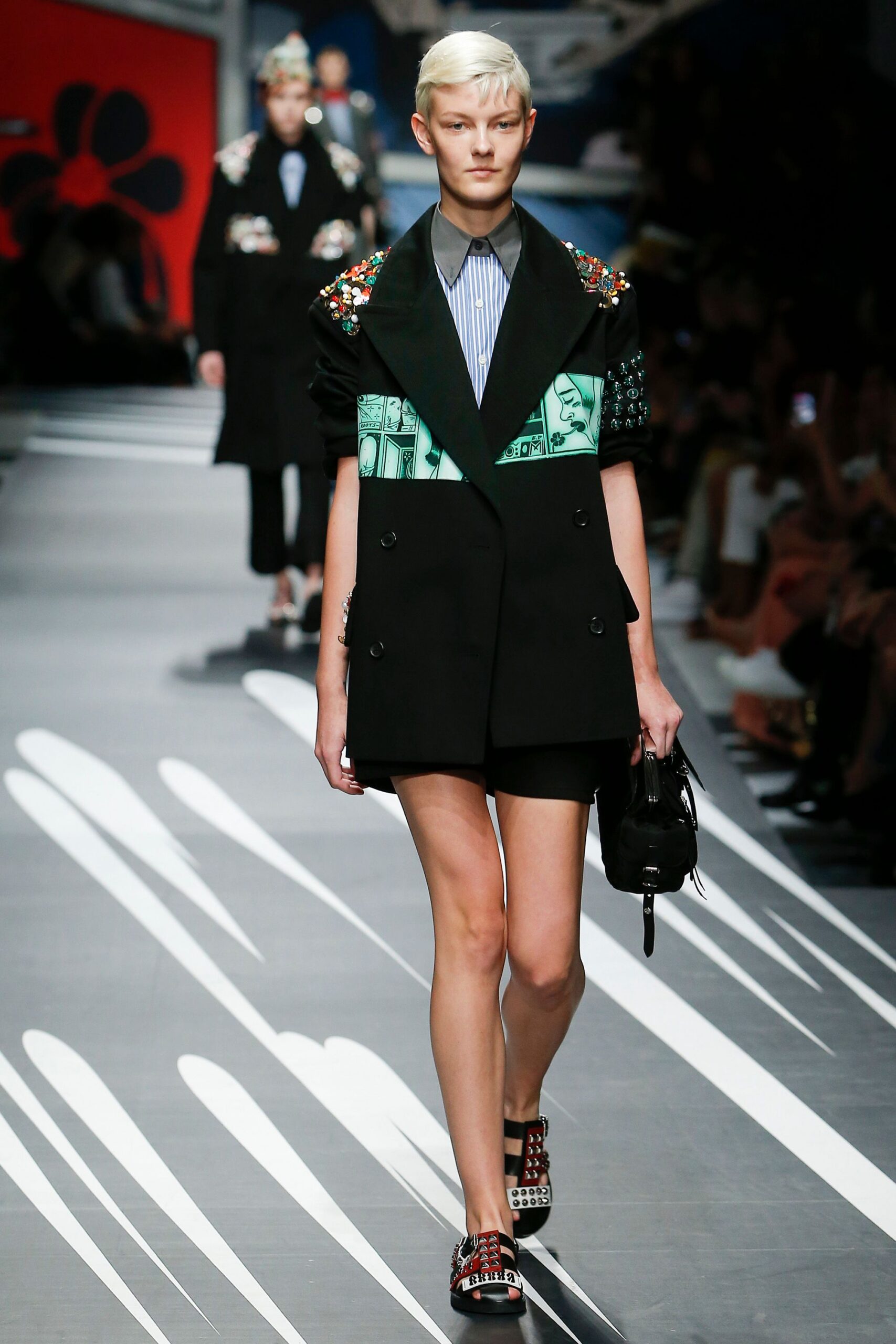 black wool long-sleeve collared tailored embroidered color-blocked blazer