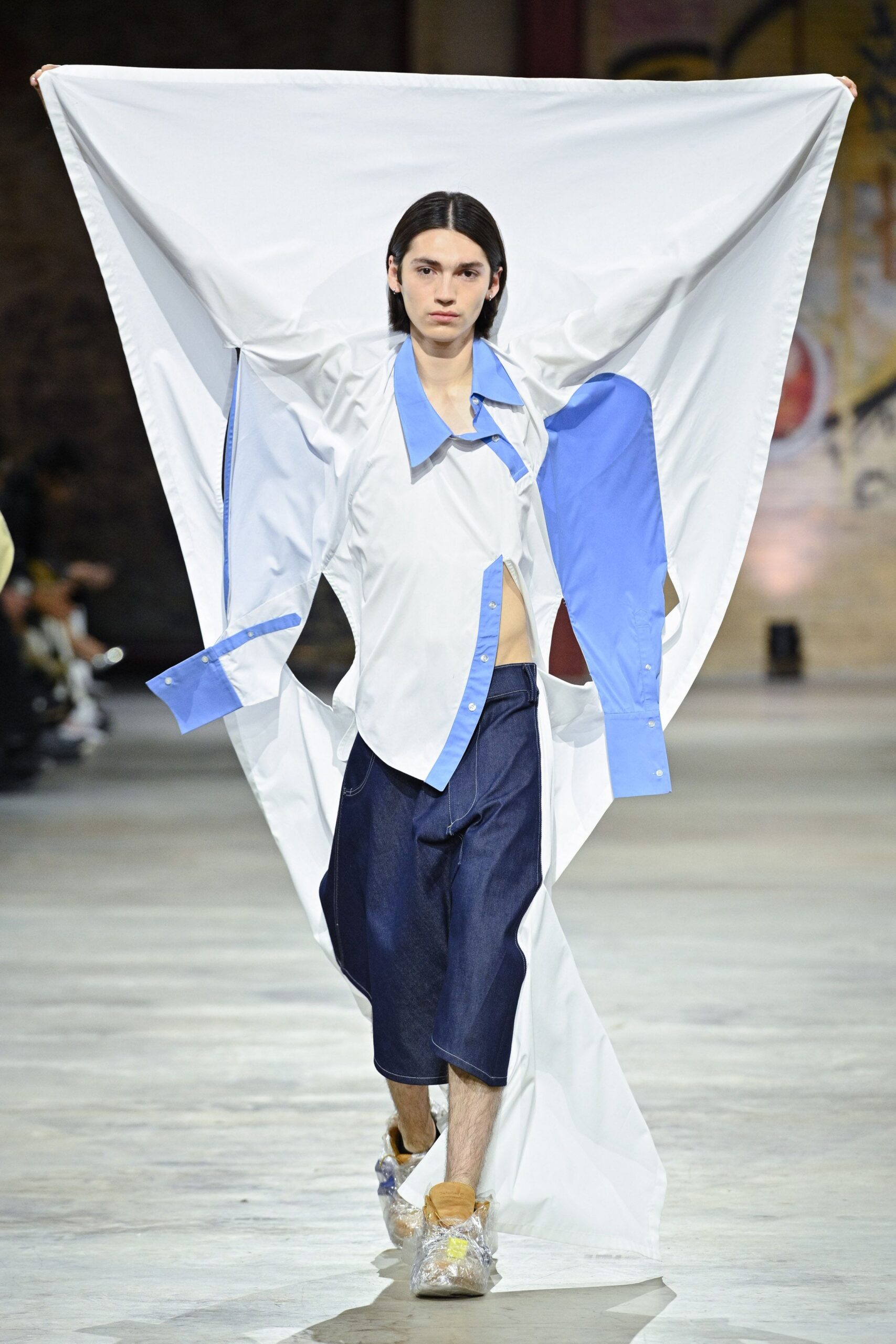 asymmetric white and blue shirt with denim pants
