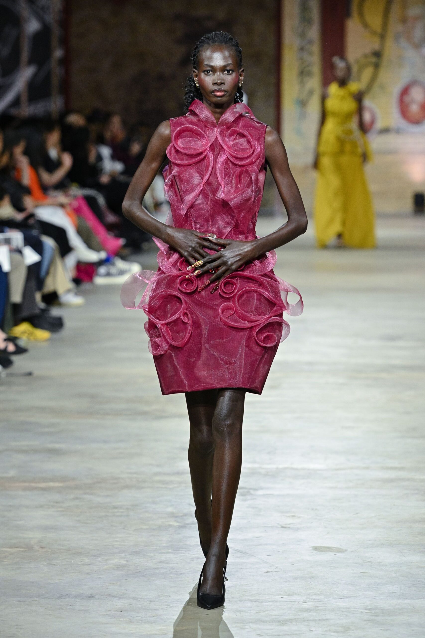 pink silk sleeveless high-neck fitted ruffled layered dress