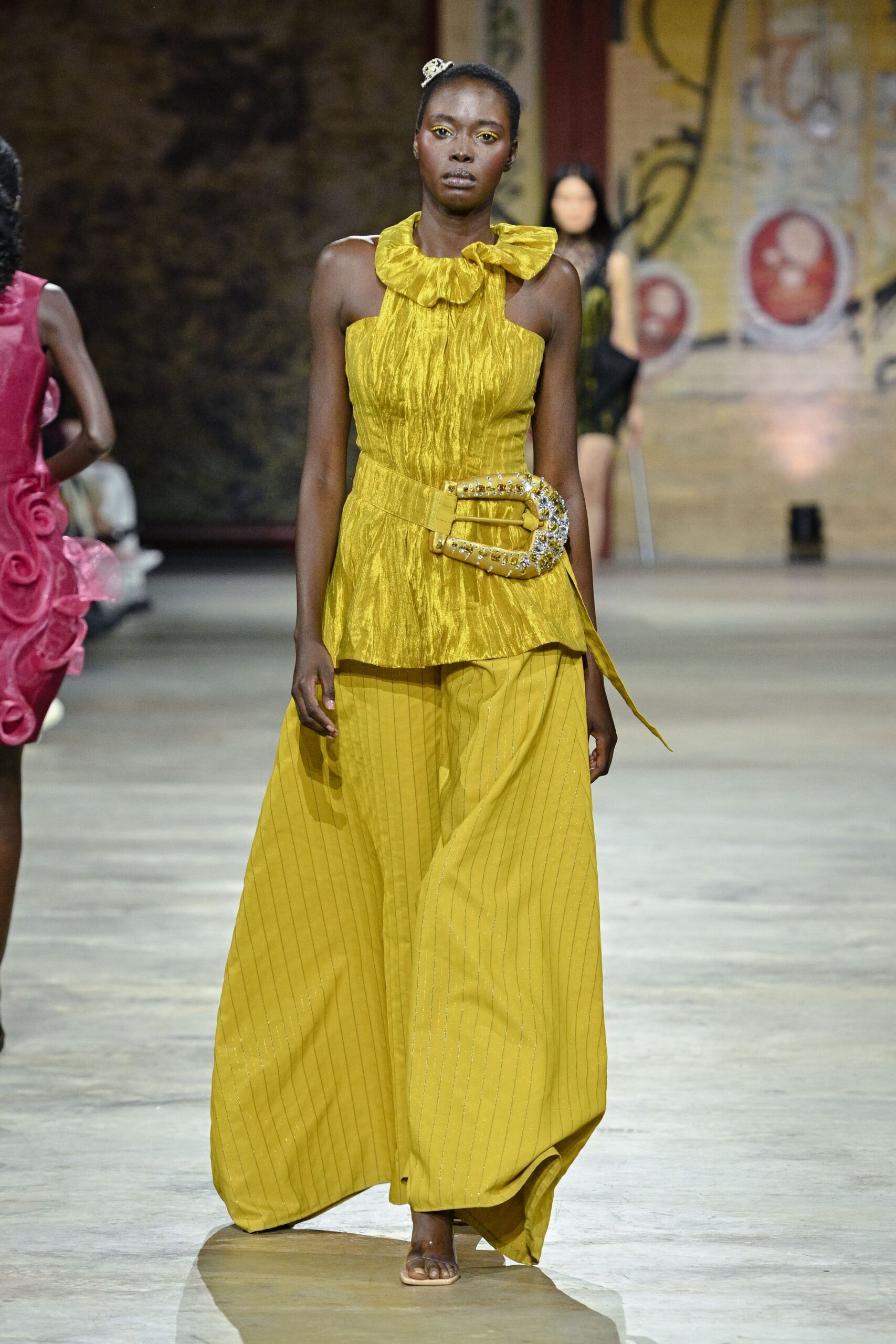 yellow silk sleeveless v-neck fitted ruffled top