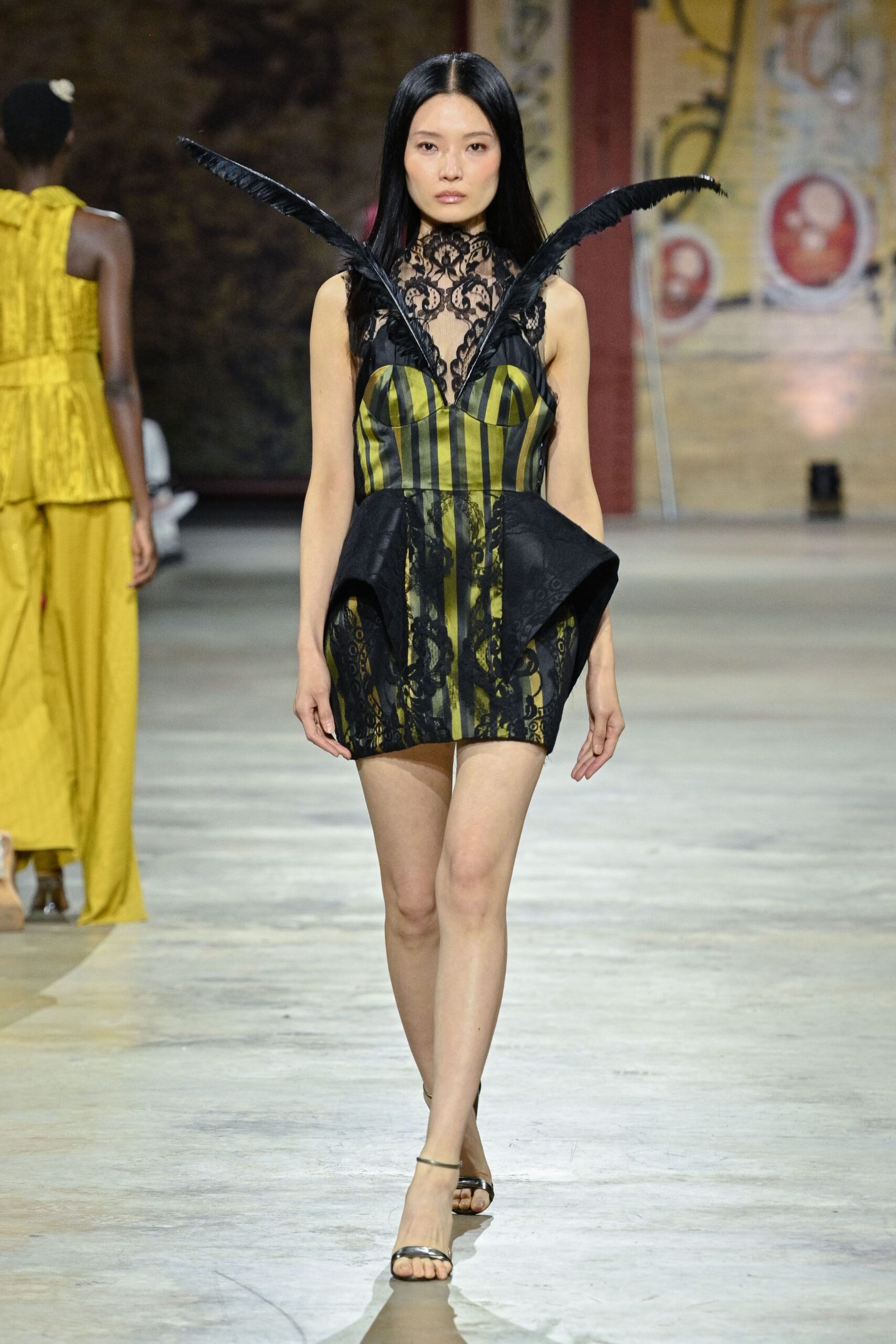 black silk sleeveless high-neck fitted pleated ruffled dress