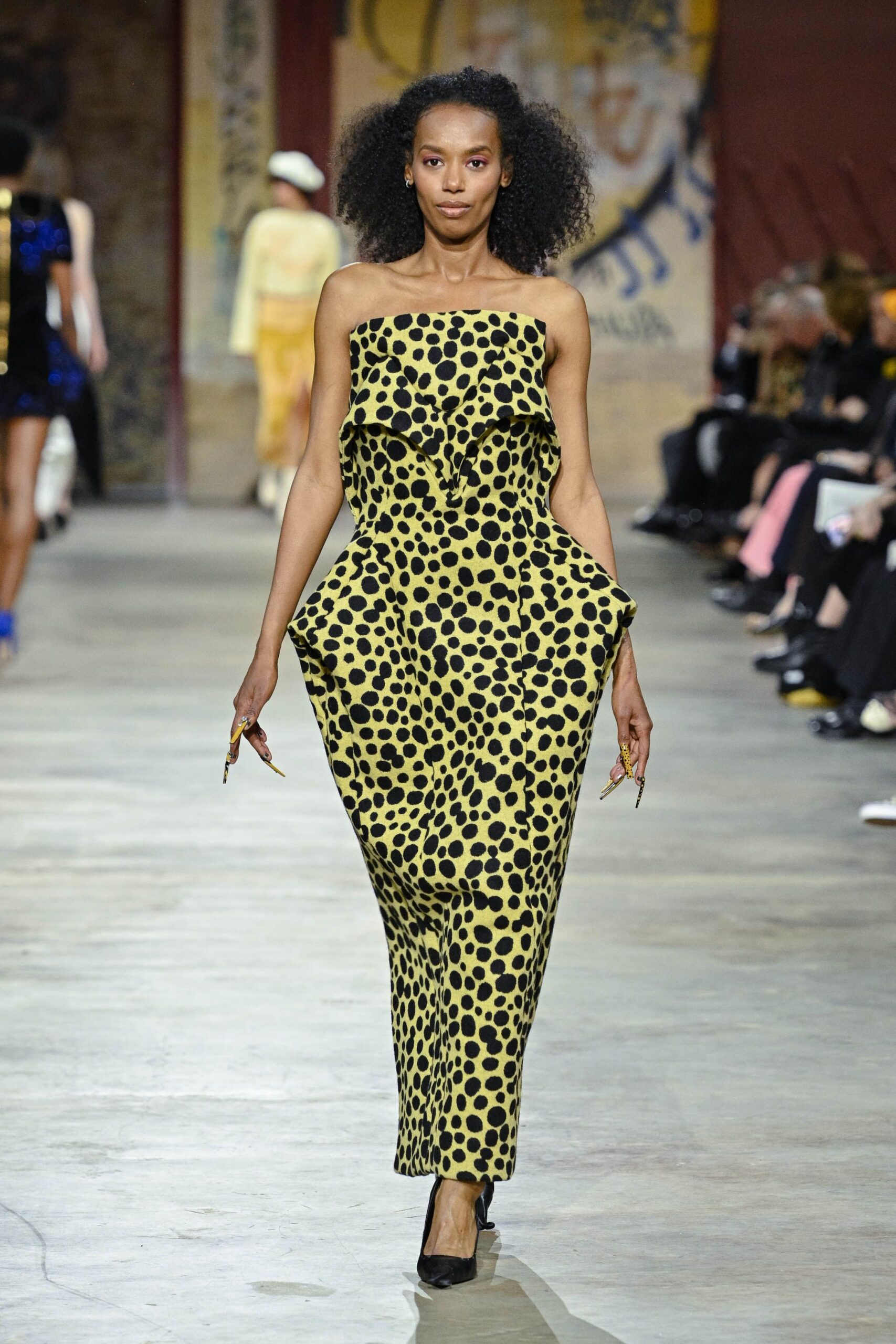 yellow cotton strapless fitted printed maxi dress