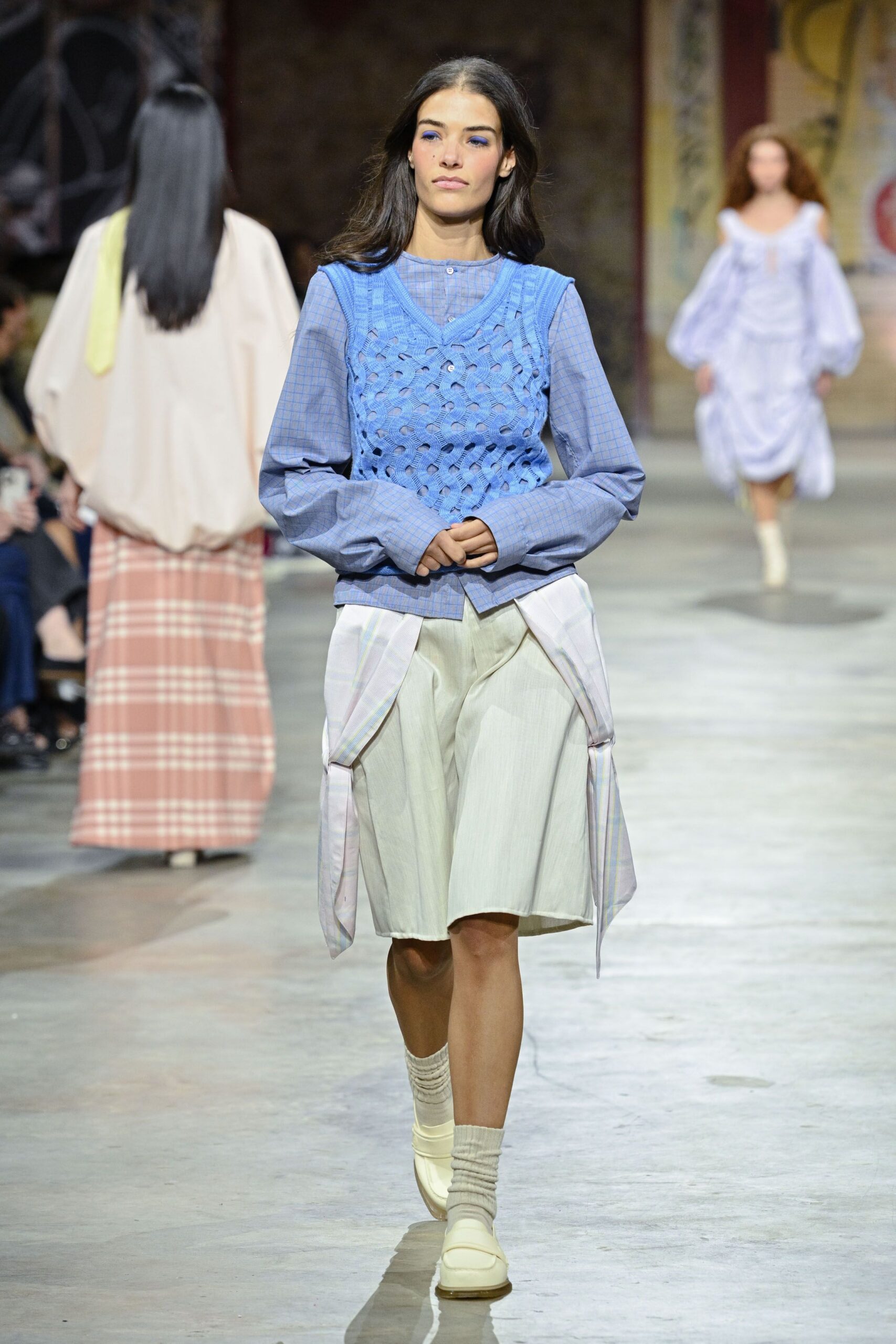 blue relaxed top with pleated shorts