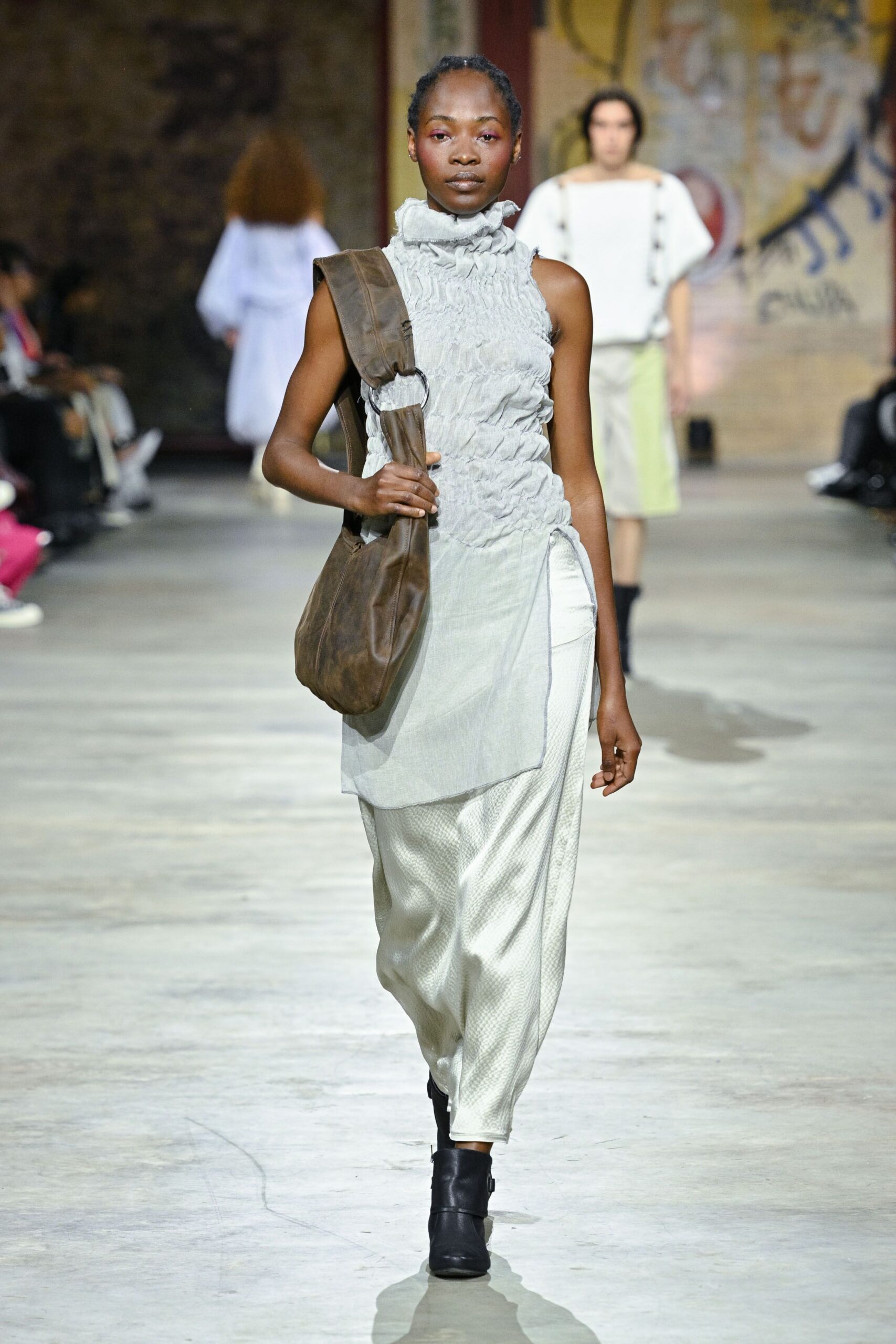 gray silk relaxed pleated pants
