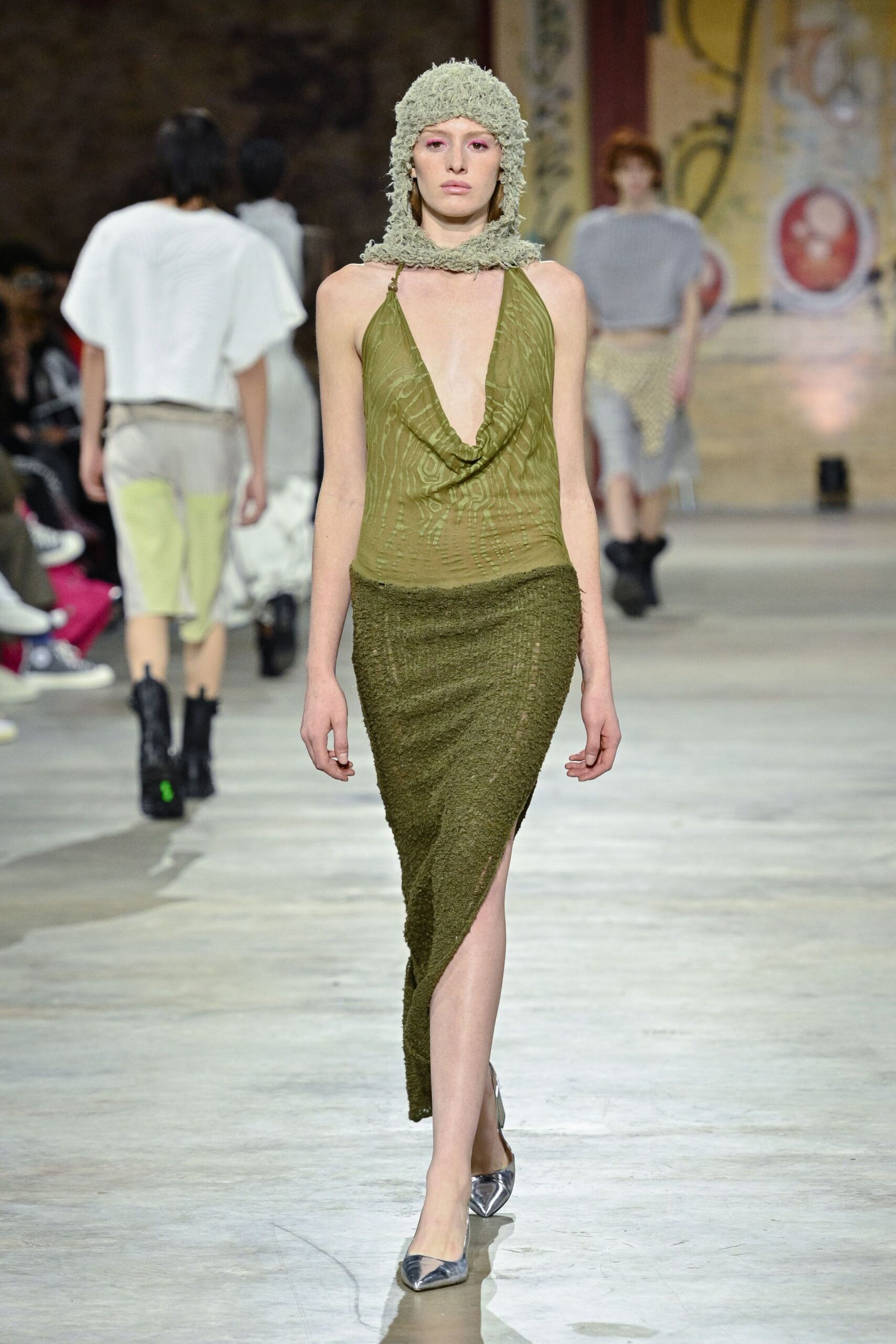 green knit asymmetric fitted straight-leg midi skirt