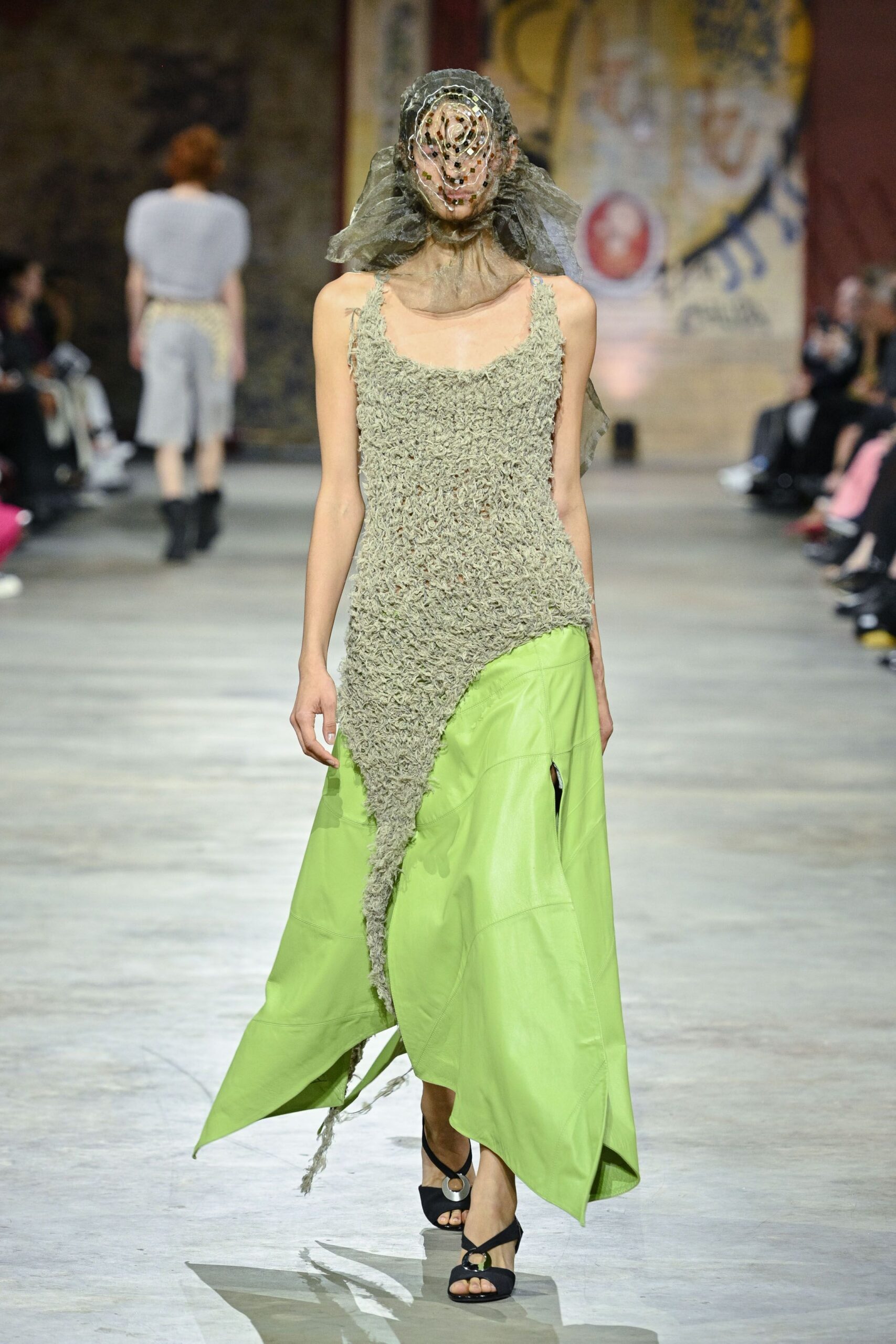 green cotton sleeveless v-neck fitted draped maxi dress