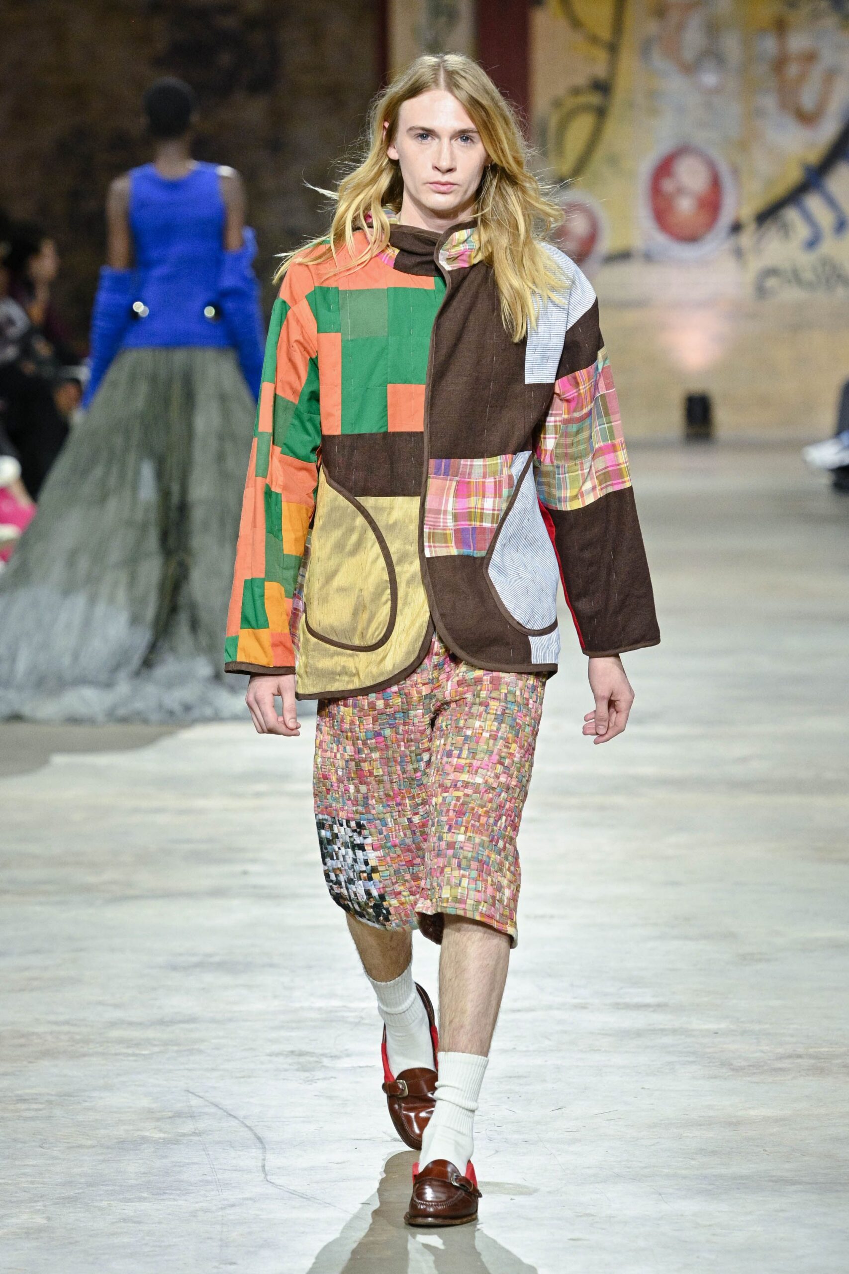 multi cotton long-sleeve collared relaxed patchwork jacket