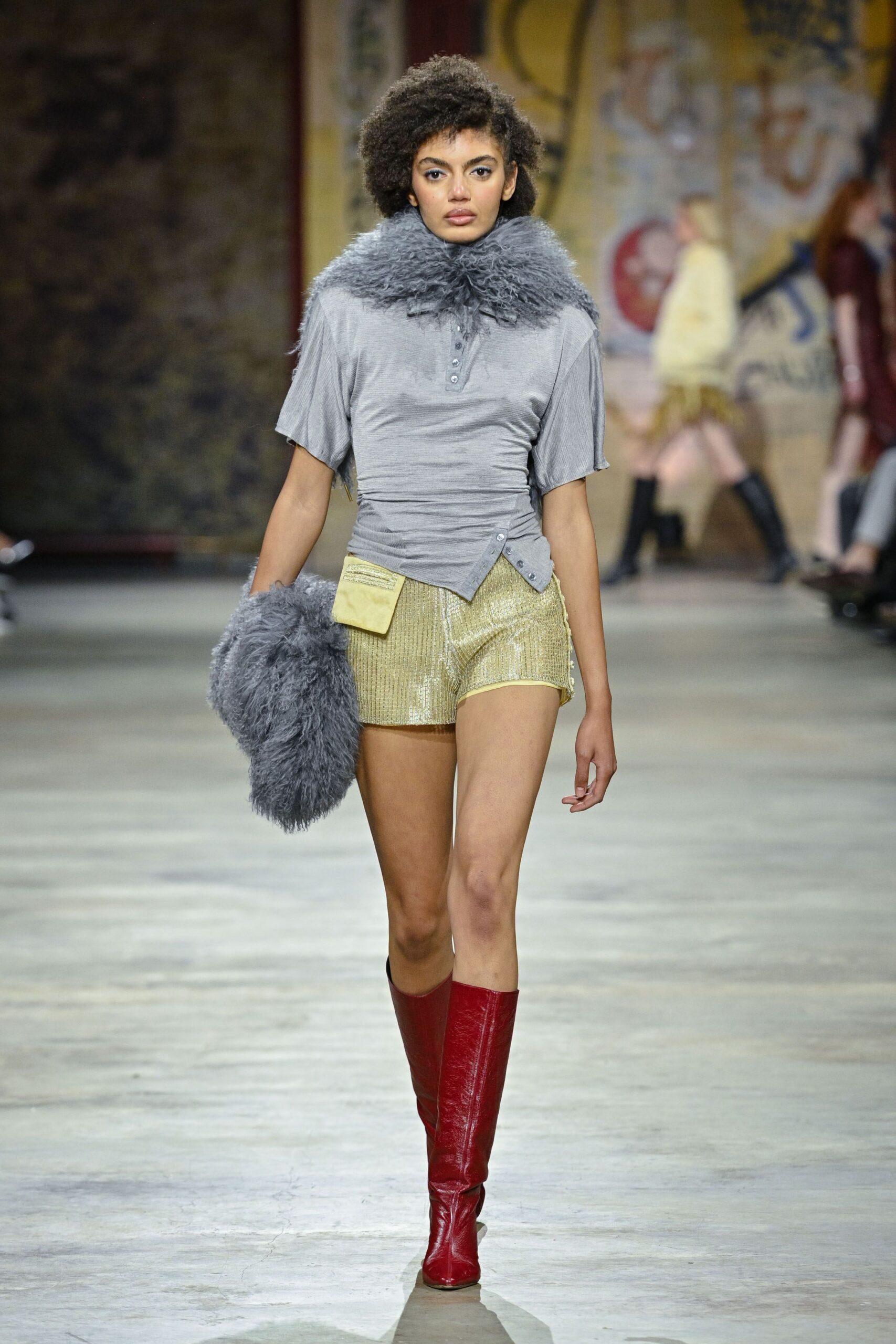 gray silk short-sleeve collared fitted buttoned top