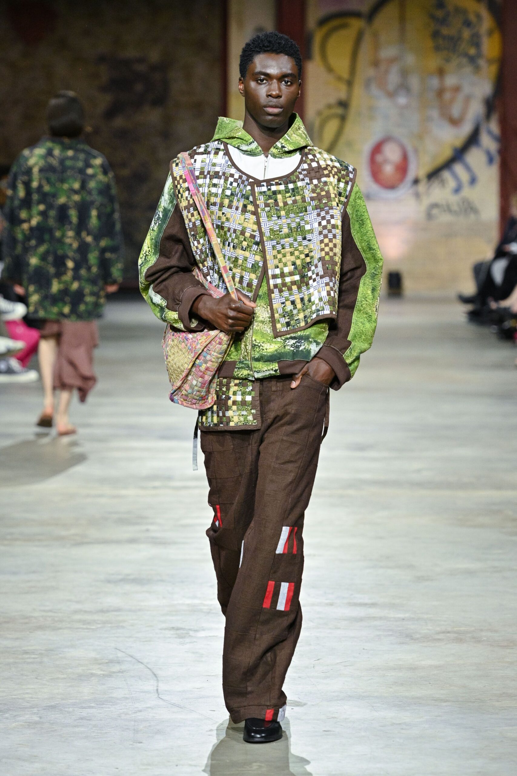 green cotton long-sleeve collared relaxed patchwork jacket