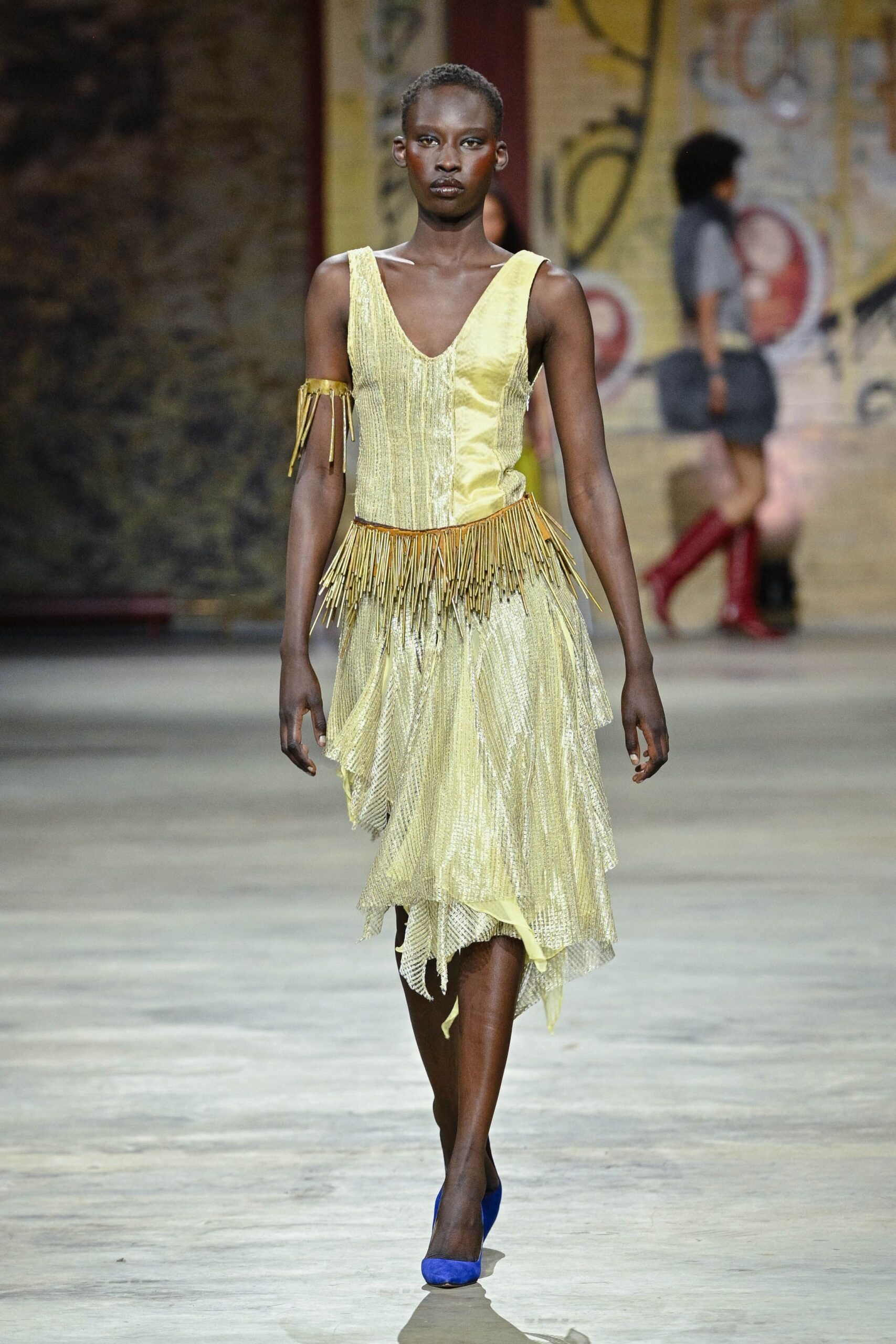 yellow silk sleeveless v-neck fitted fringed draped dress