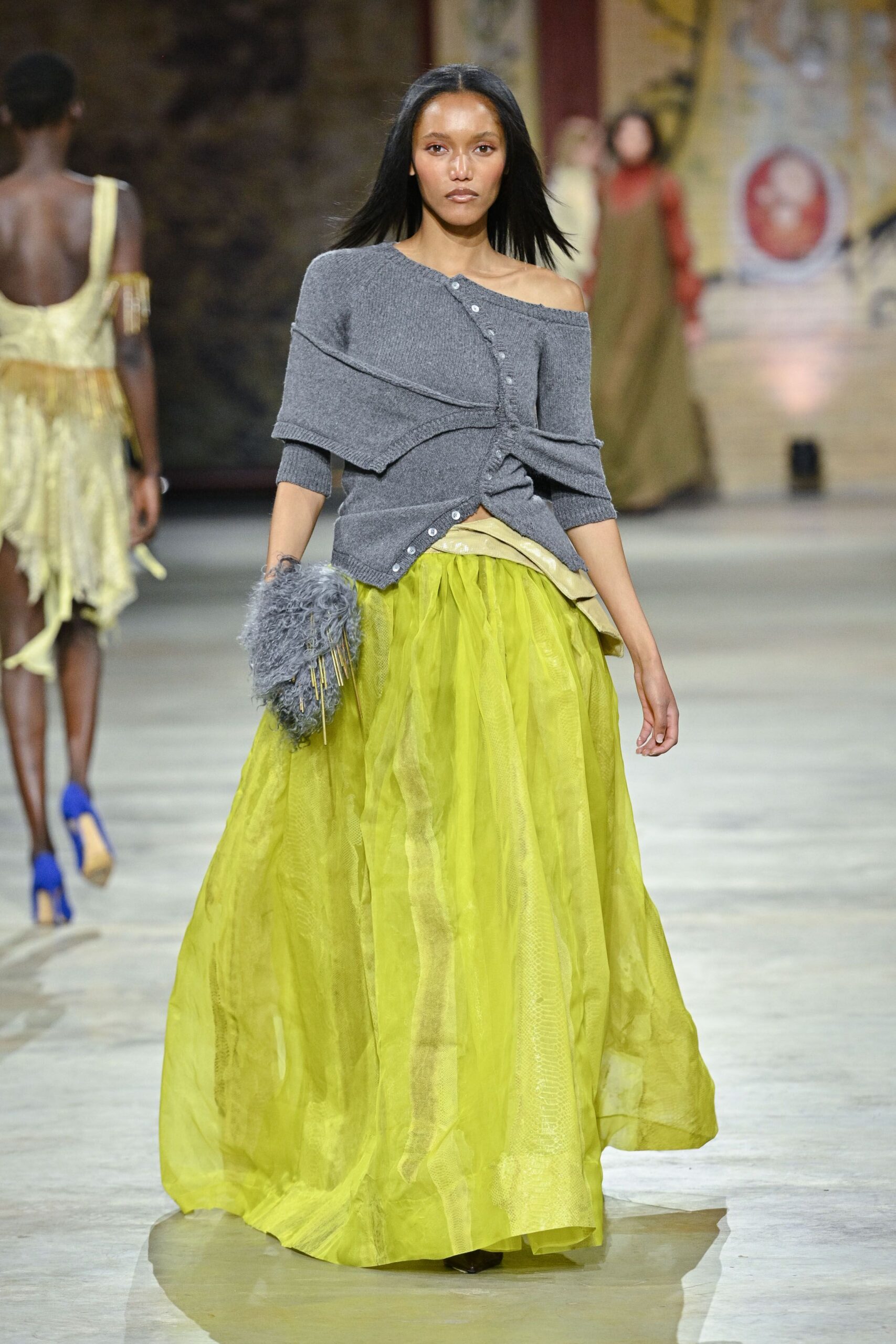 yellow chiffon fitted layered flowing maxi skirt