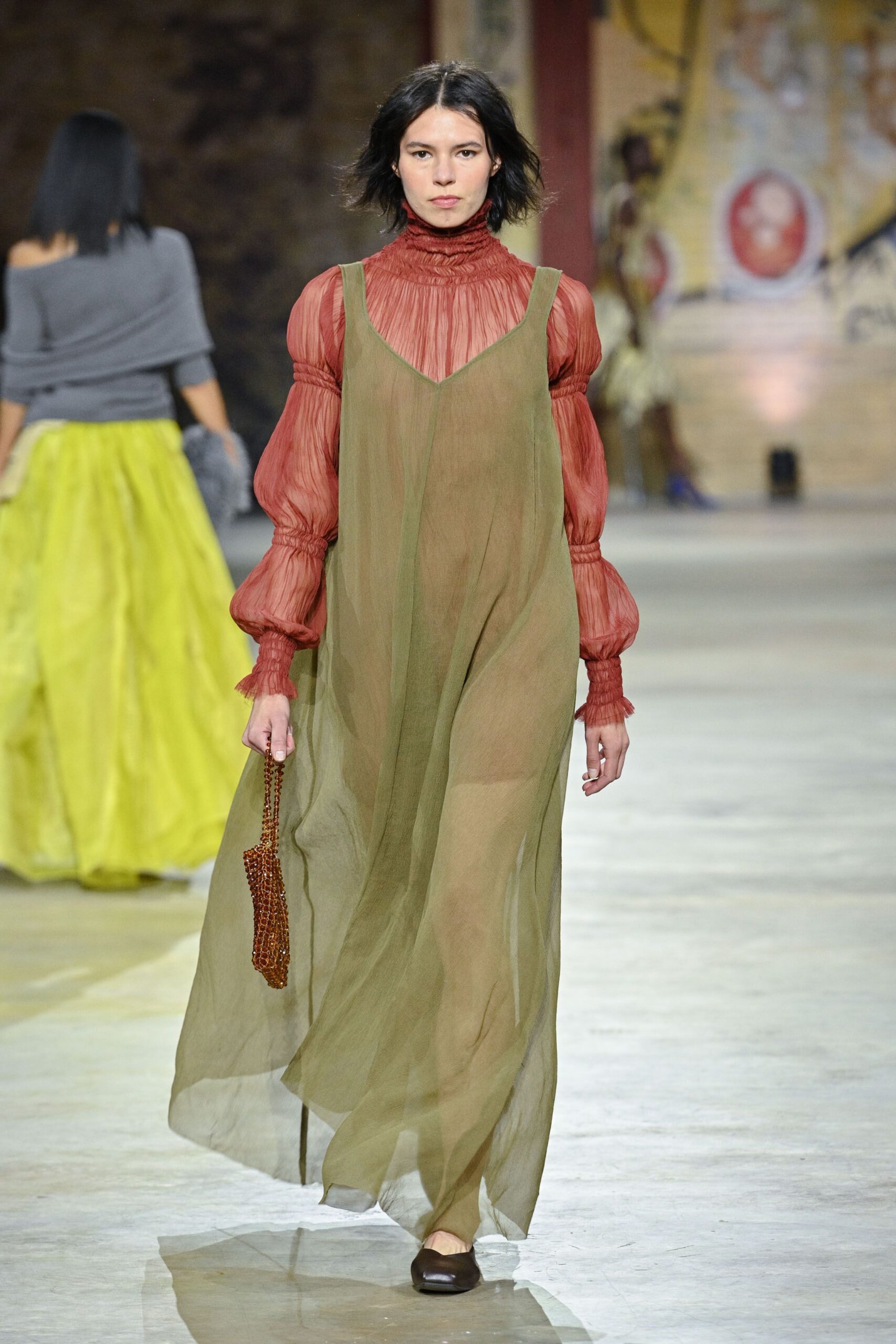 red silk long-sleeve high-neck fitted layered sheer dress
