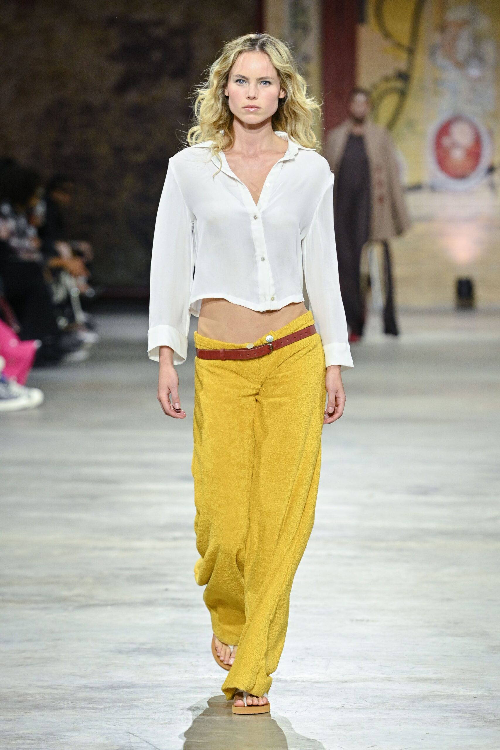 white shirt yellow wide-leg pants
