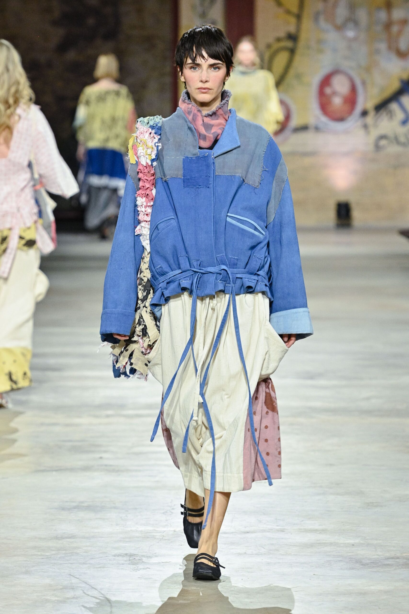 blue denim long-sleeve collared oversized layered zippered jacket