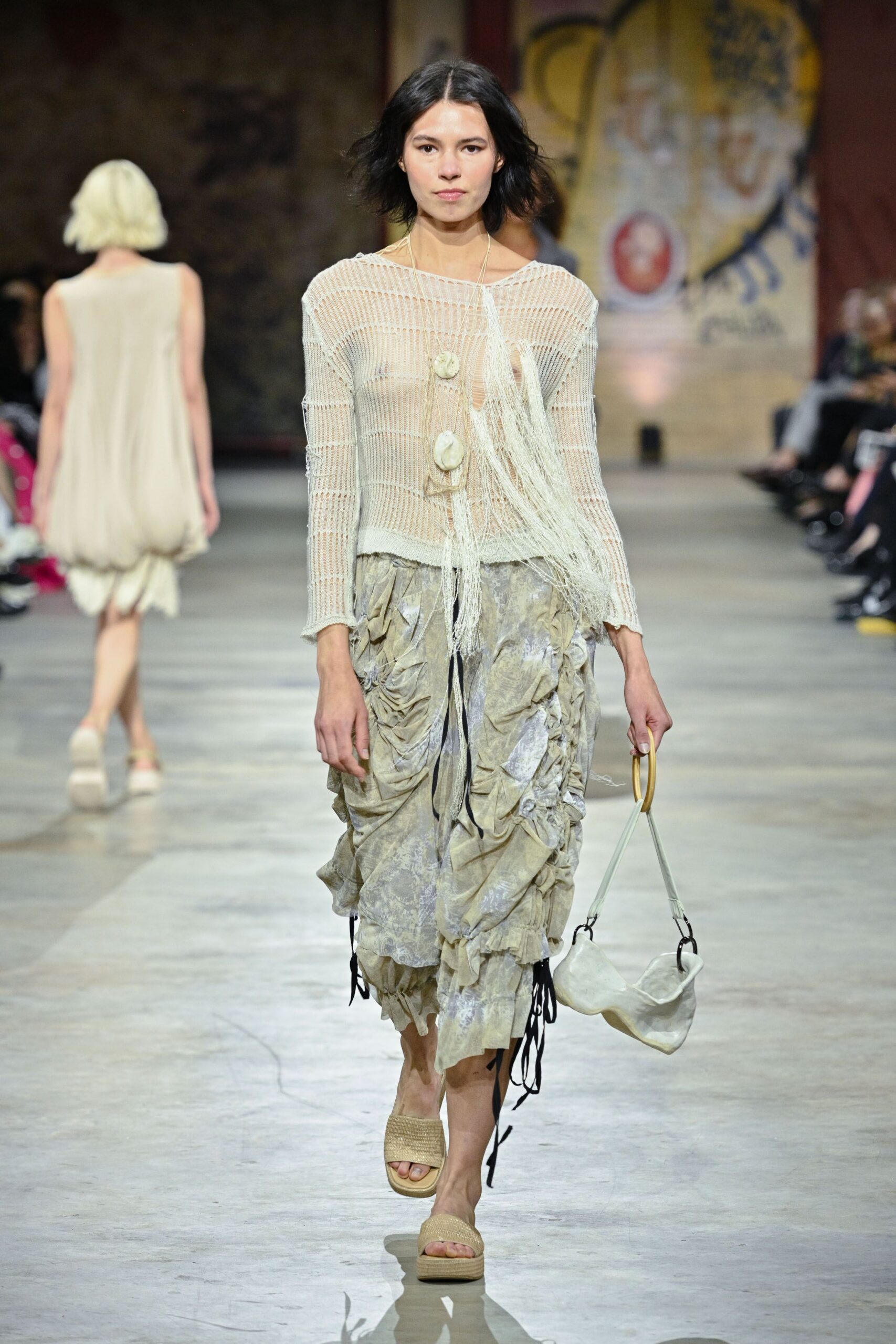 beige silk fitted layered ruffled skirt