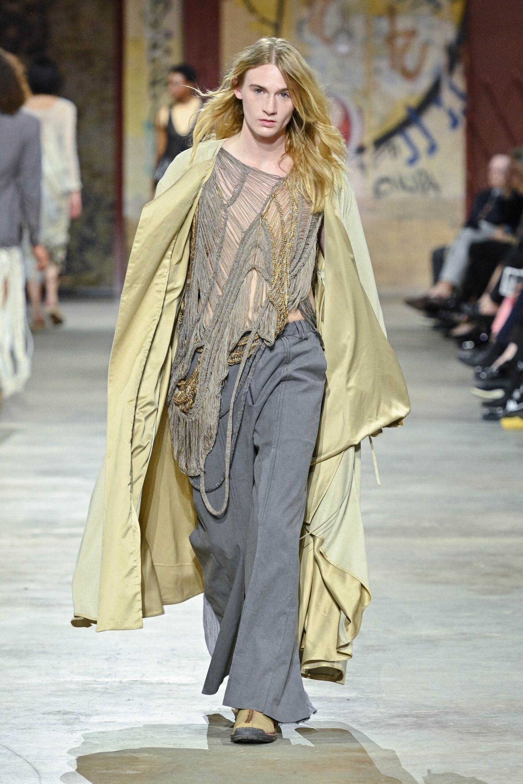 beige silk long-sleeve oversized draped coat
