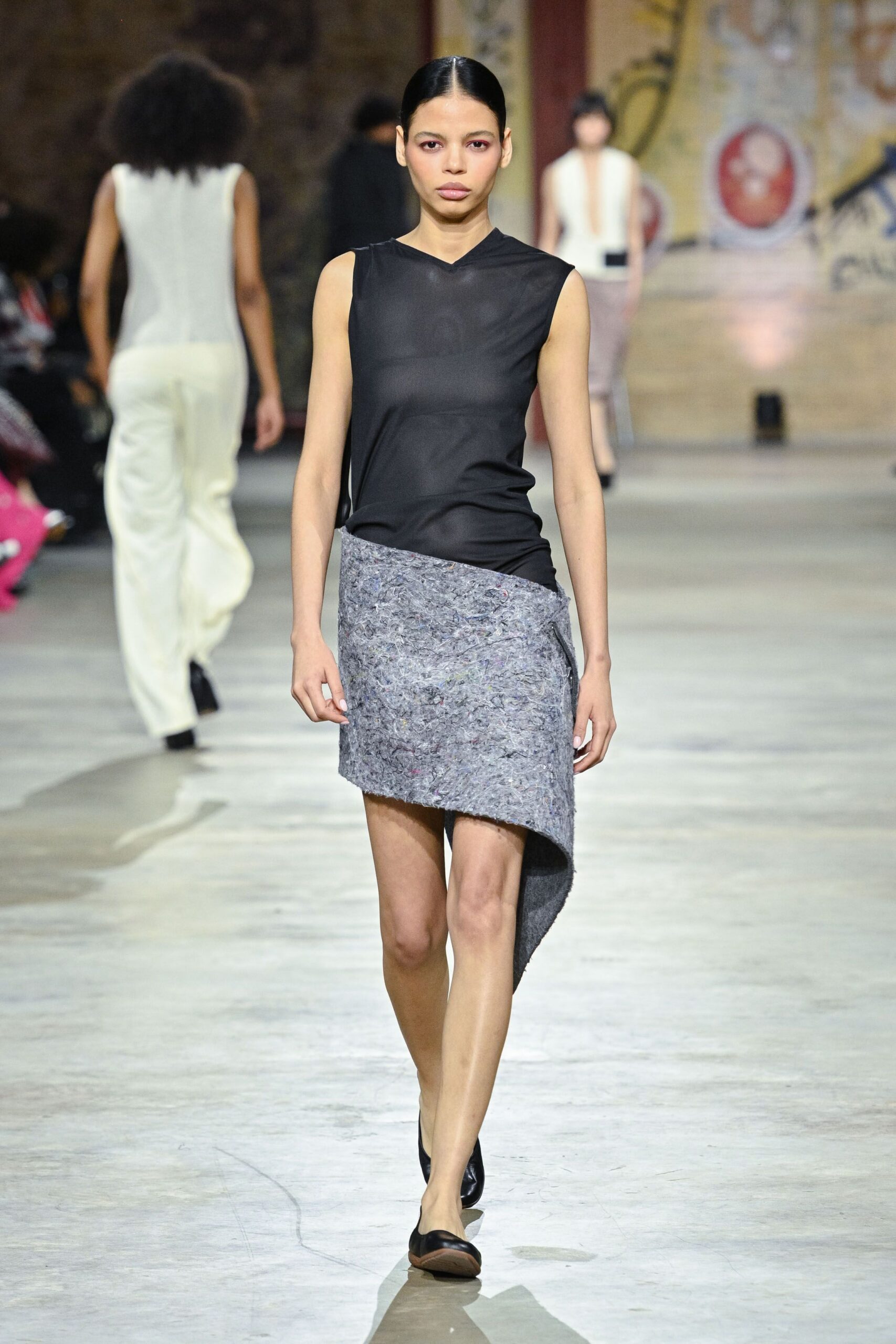 gray wool asymmetric fitted mini skirt
