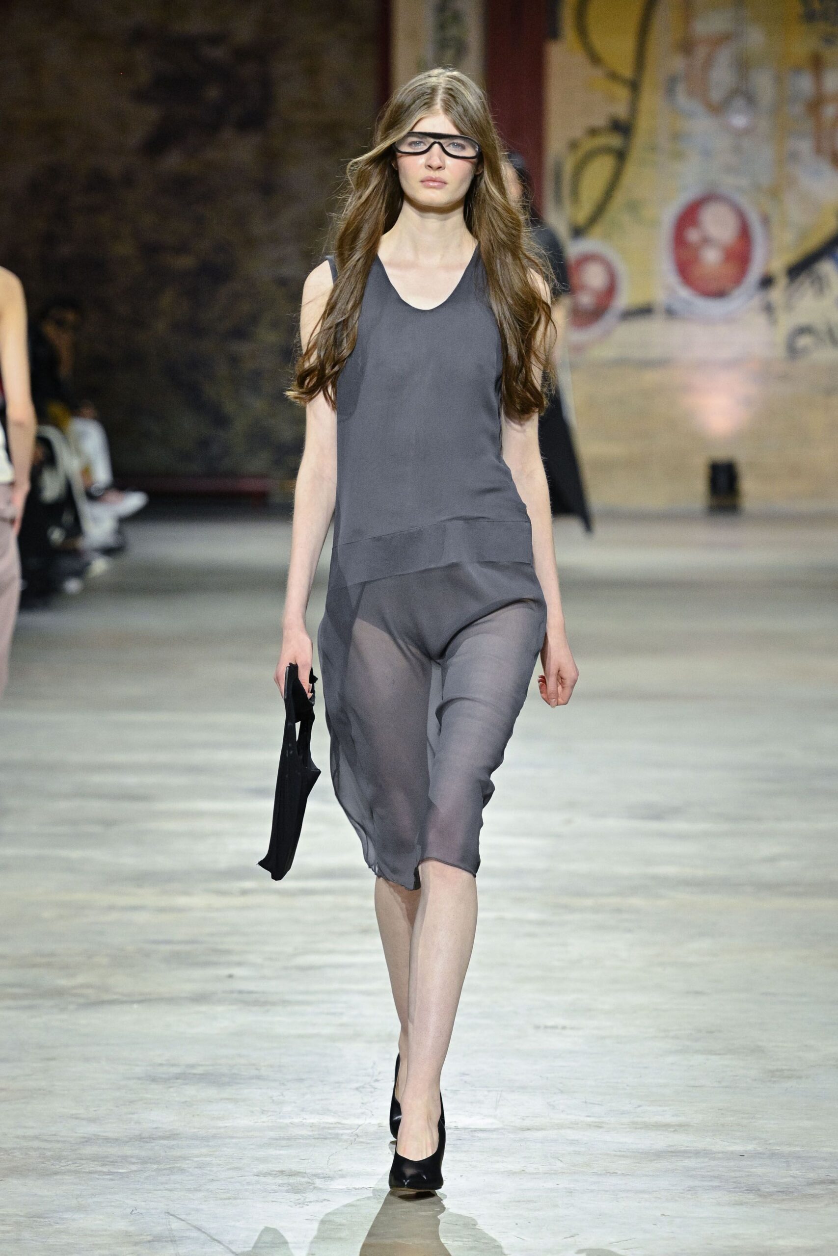 gray silk sleeveless v-neck fitted layered sheer dress
