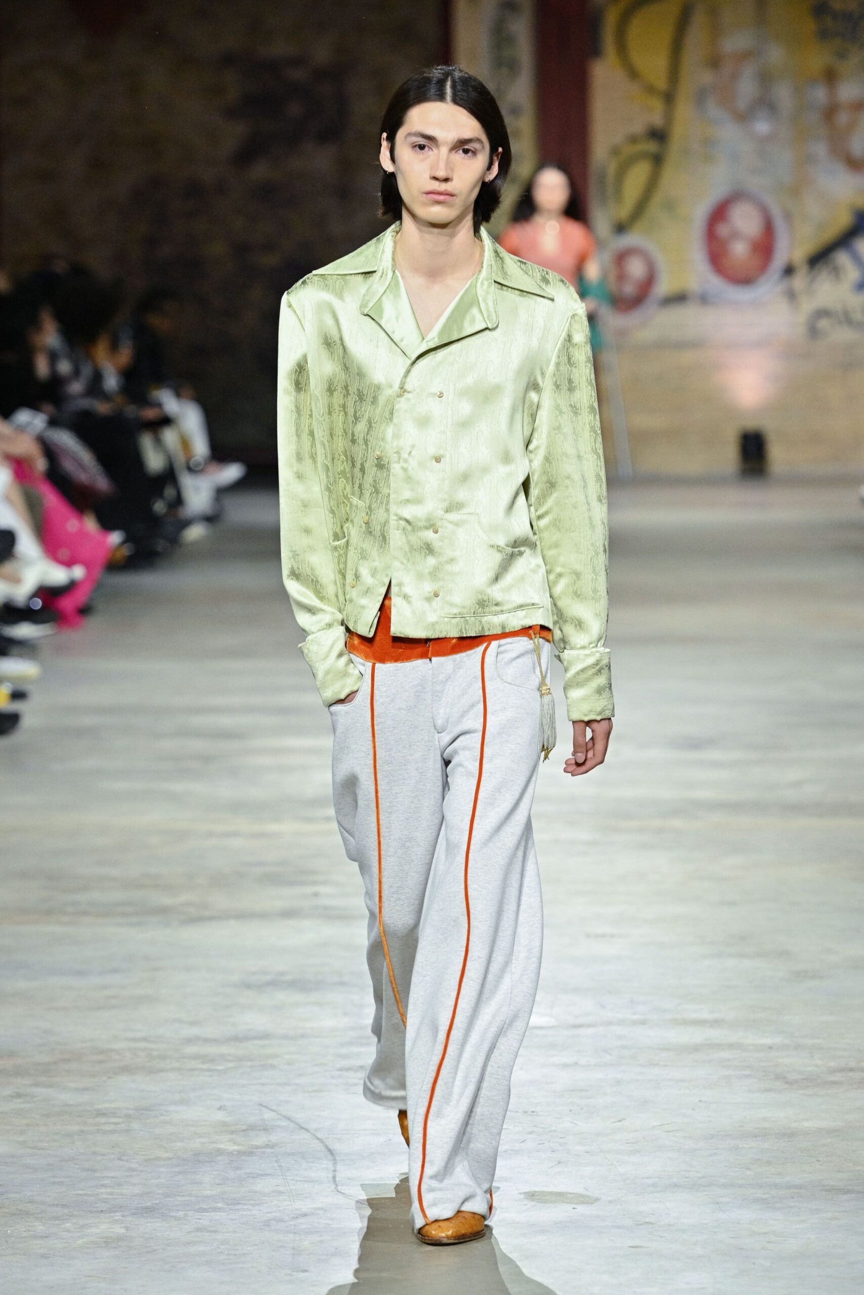 green silk long-sleeve collared relaxed textured shirt