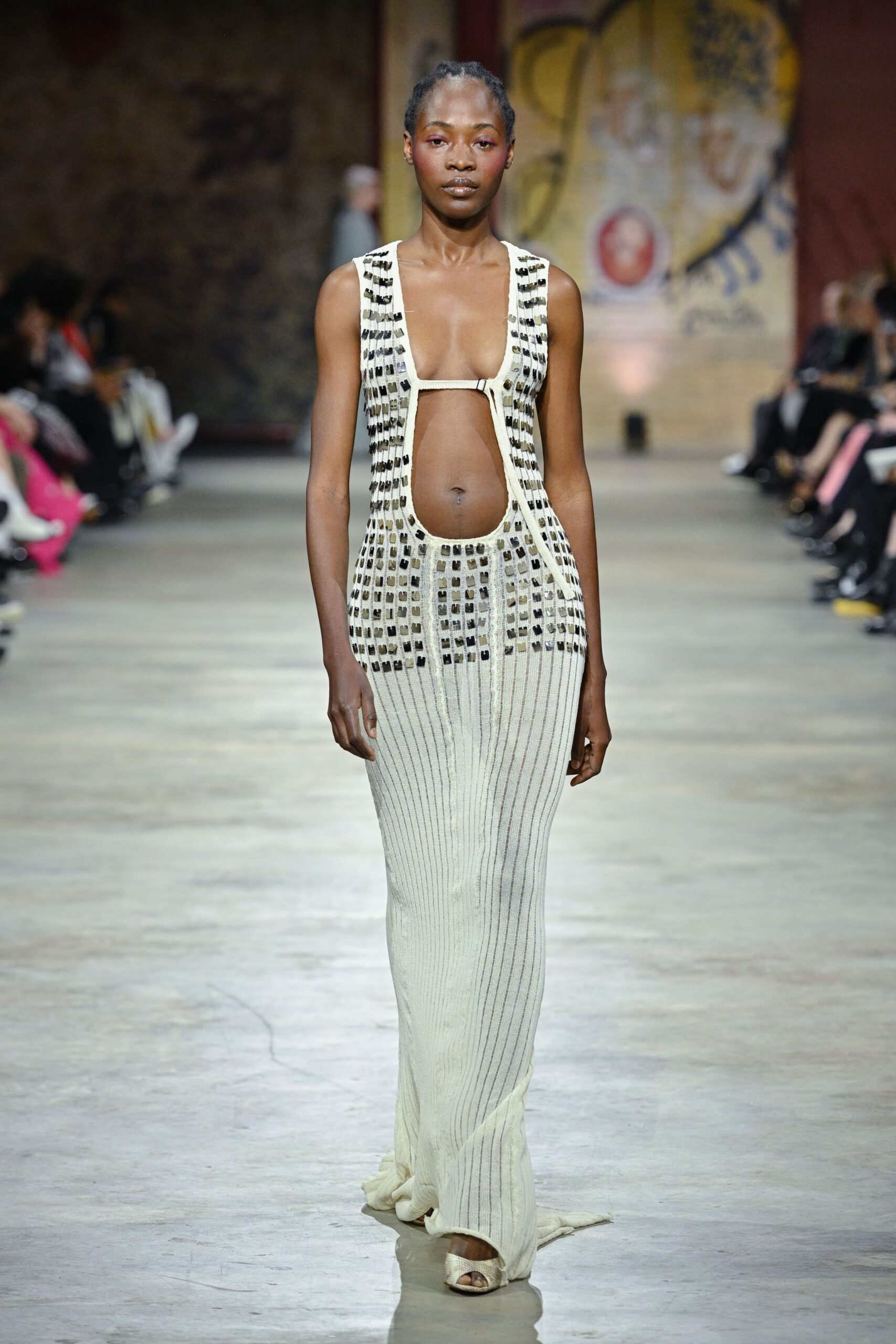 white knit sleeveless low-cut fitted ribbed sheer gown