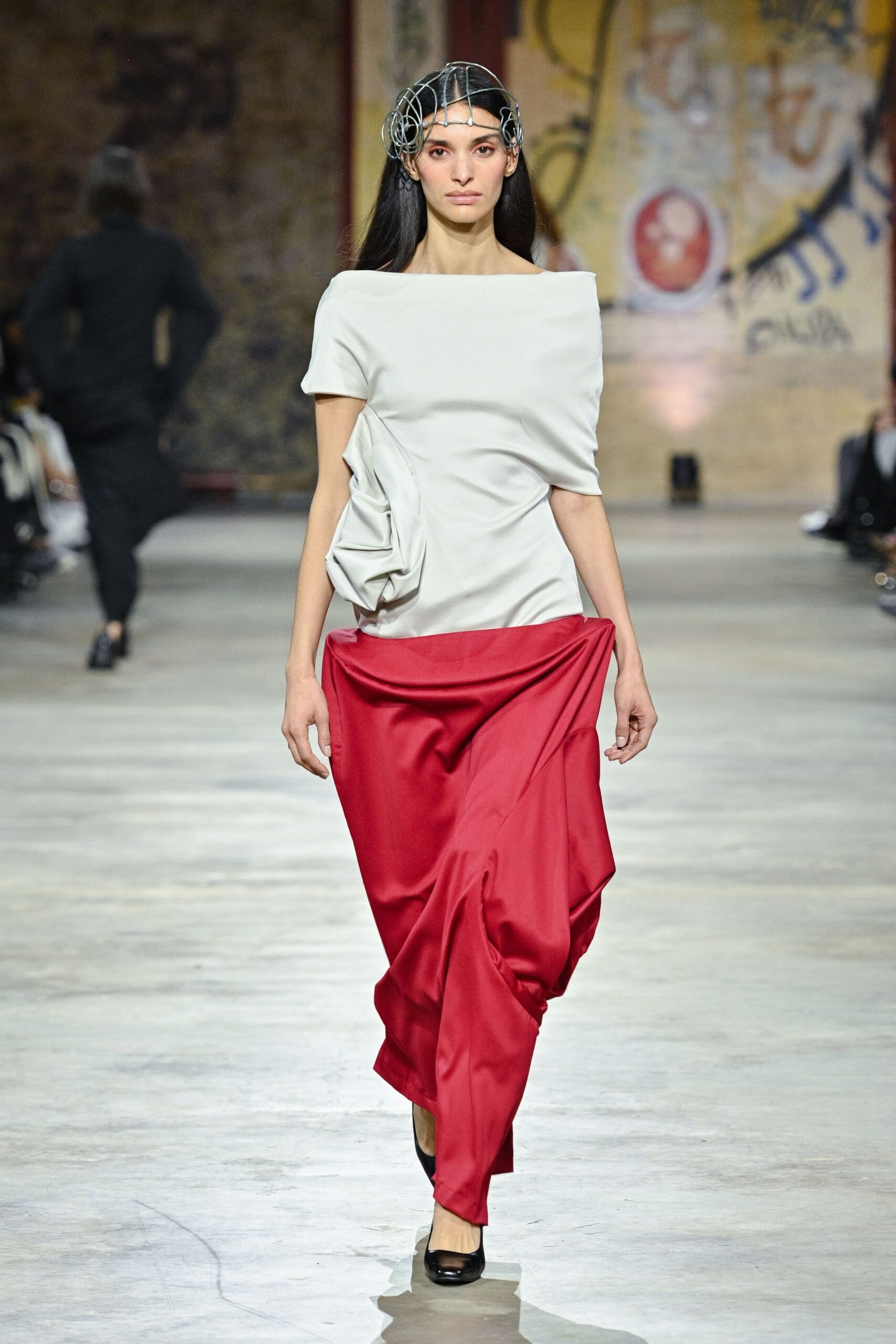 red silk relaxed layered maxi skirt