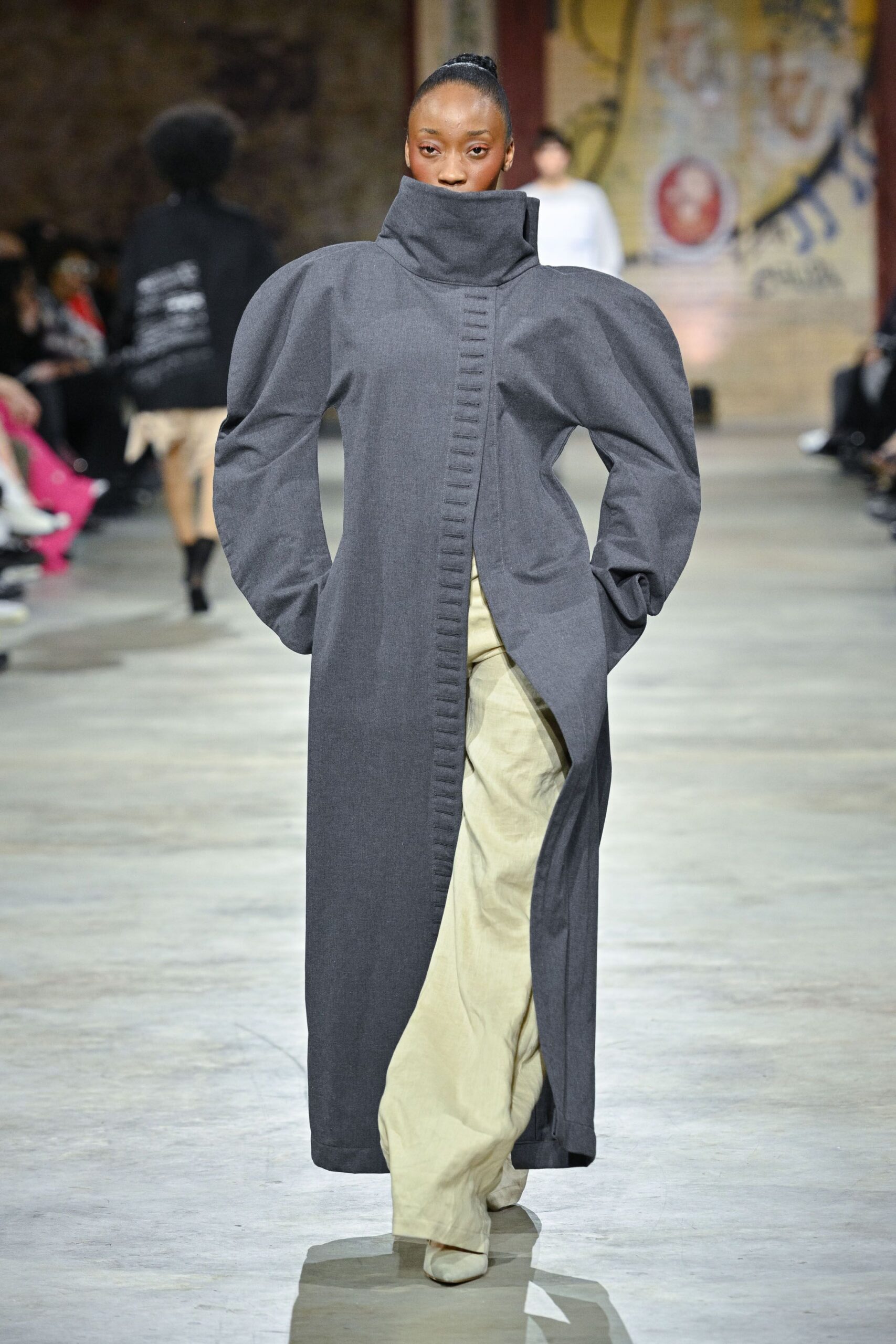 gray cotton long-sleeve high-neck structured buttoned maxi coat