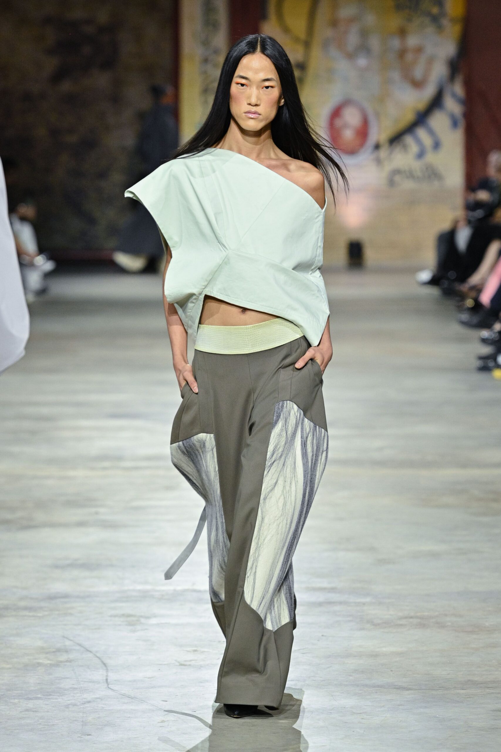 green cotton off-shoulder relaxed draped top