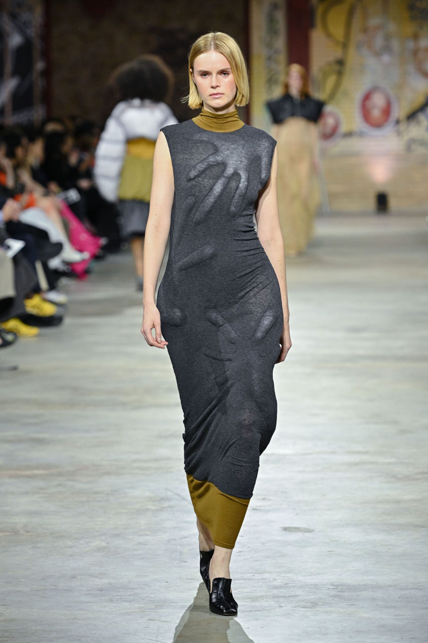 gray cotton sleeveless high-neck fitted draped sheer dress
