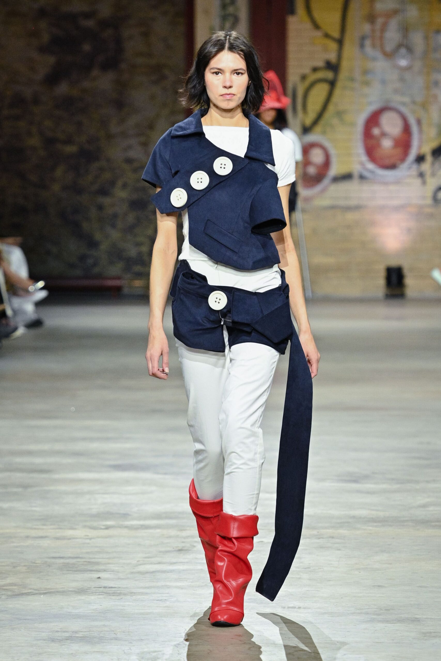 blue cotton sleeveless structured buttoned jacket