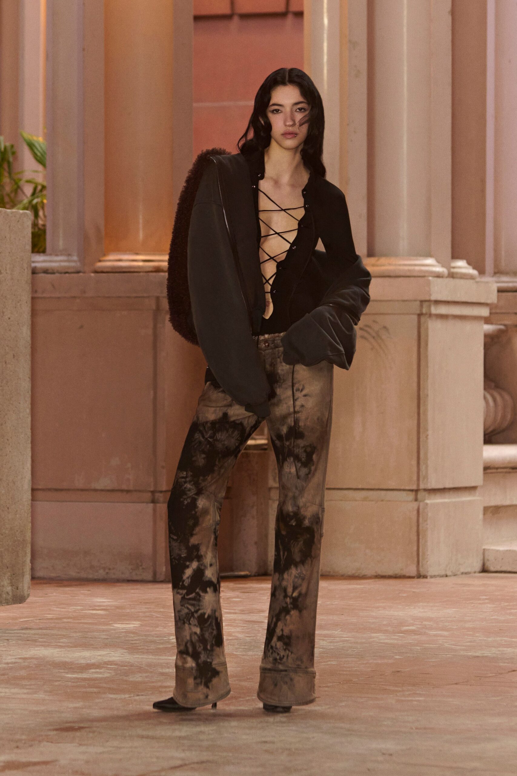brown cotton fitted flared pants
