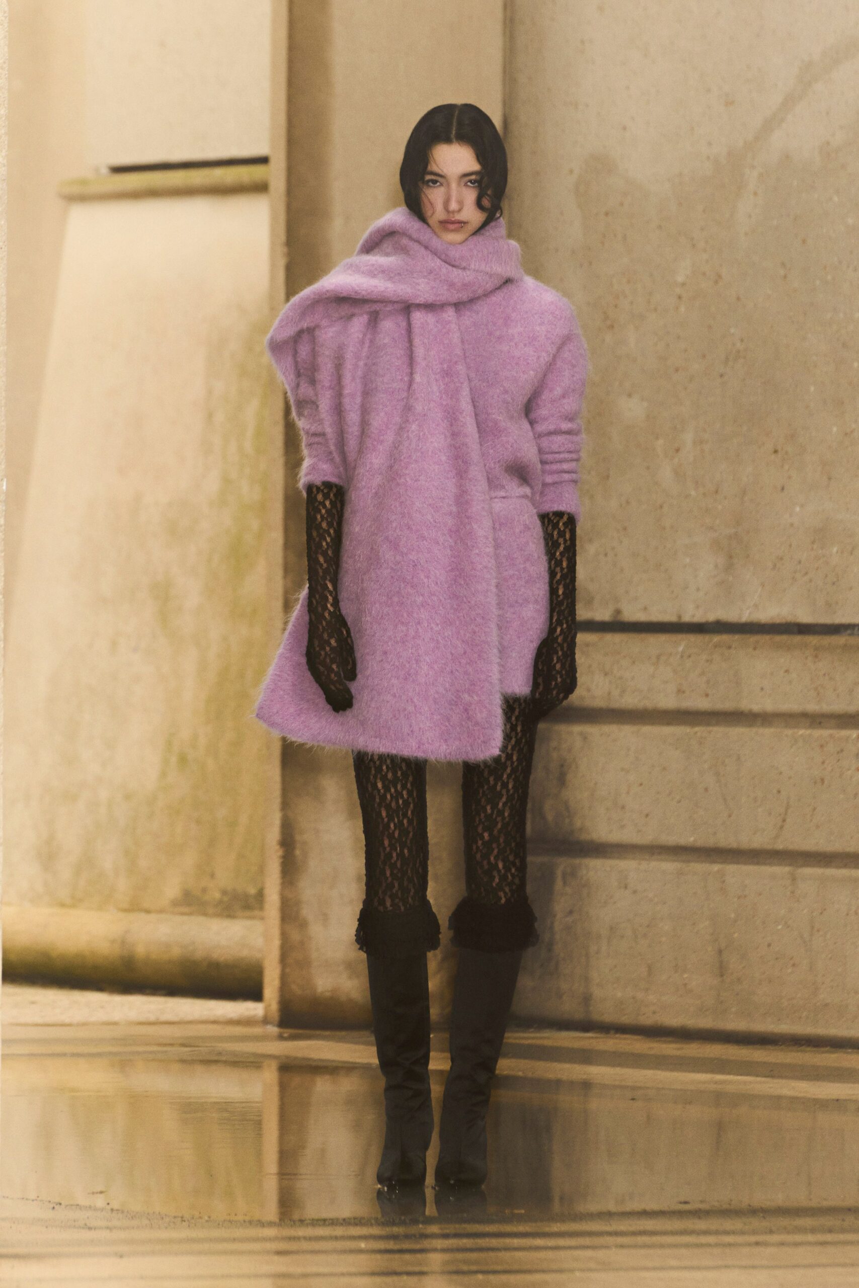 purple wool short-sleeve high-neck relaxed layered mini dress