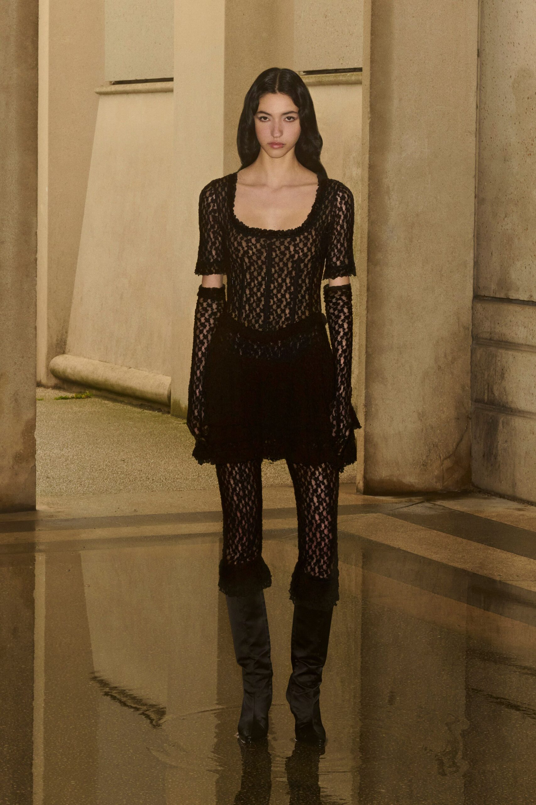 black lace long-sleeve scoop-neck fitted layered fringed dress
