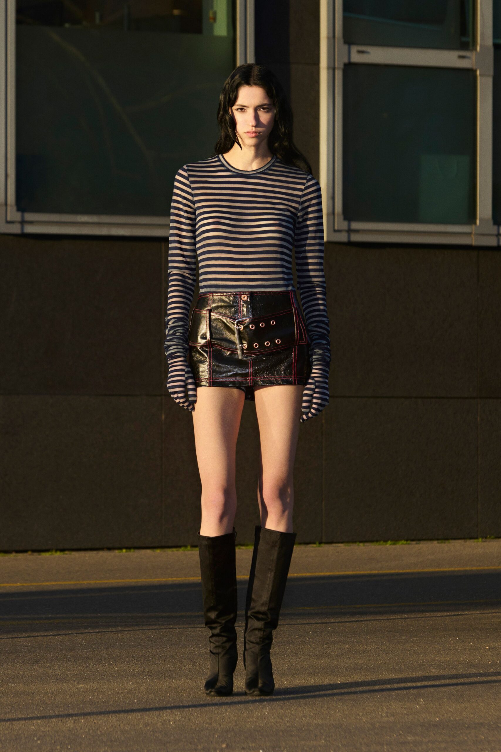 striped fitted top and leather shorts